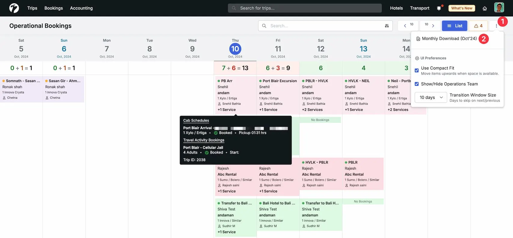 Image showing monthly download option for Tour Operations