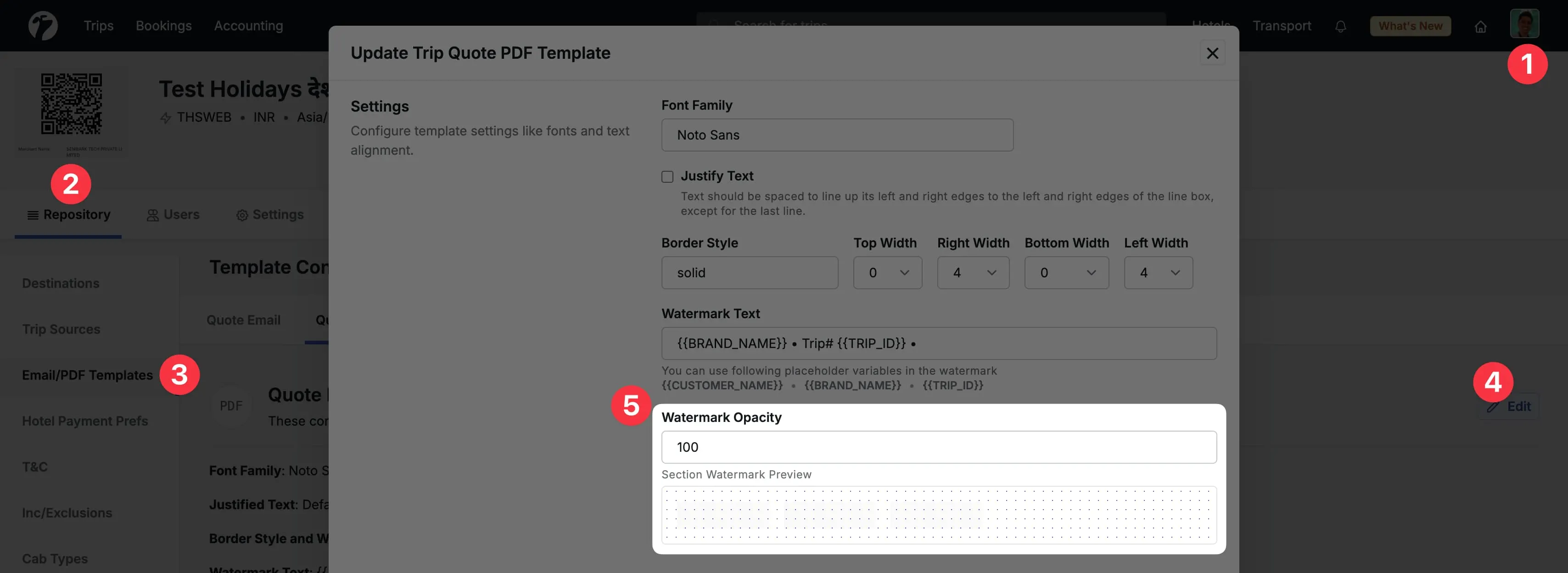 Image showing watermark opacity customization in Quote PDF Template