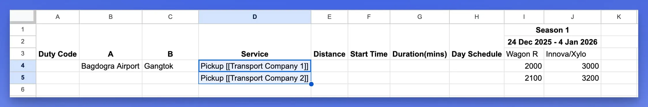 Image showing short code/name for Transport Services in Service Column