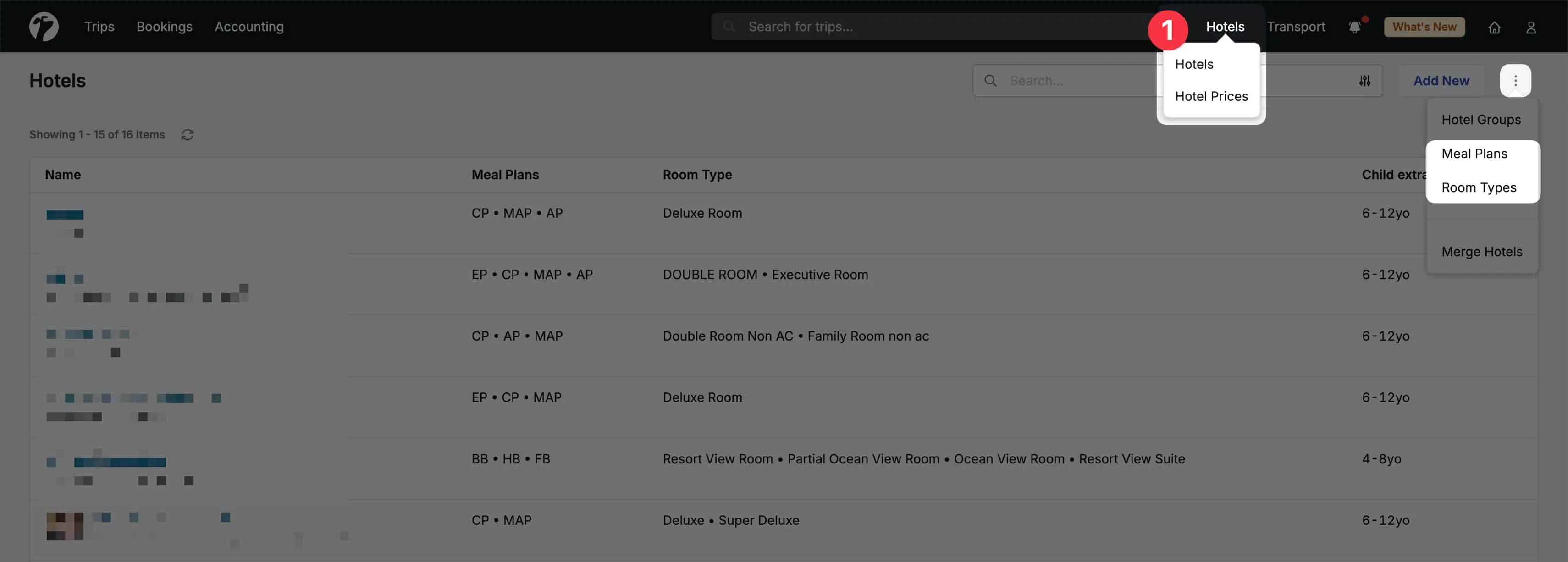 Image showing how to access the room type and meal plans database