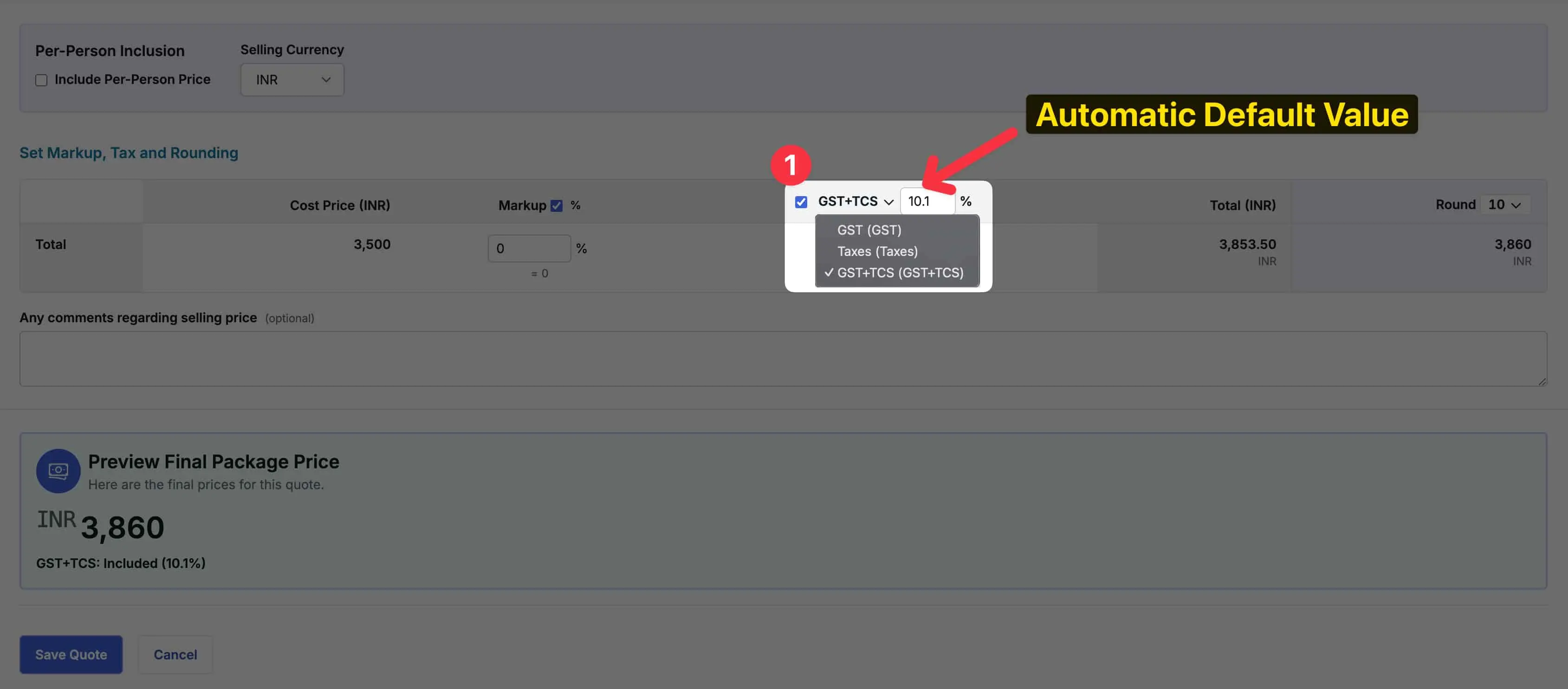 Images showing tax type selection in quotation