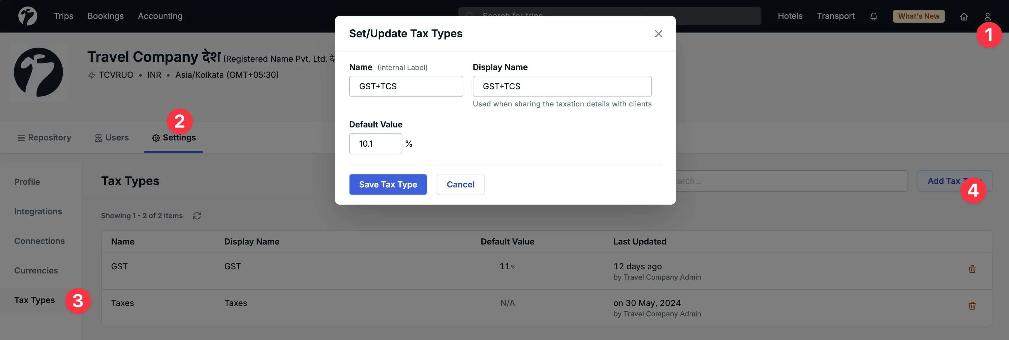 Image showing how to add new Tax Types