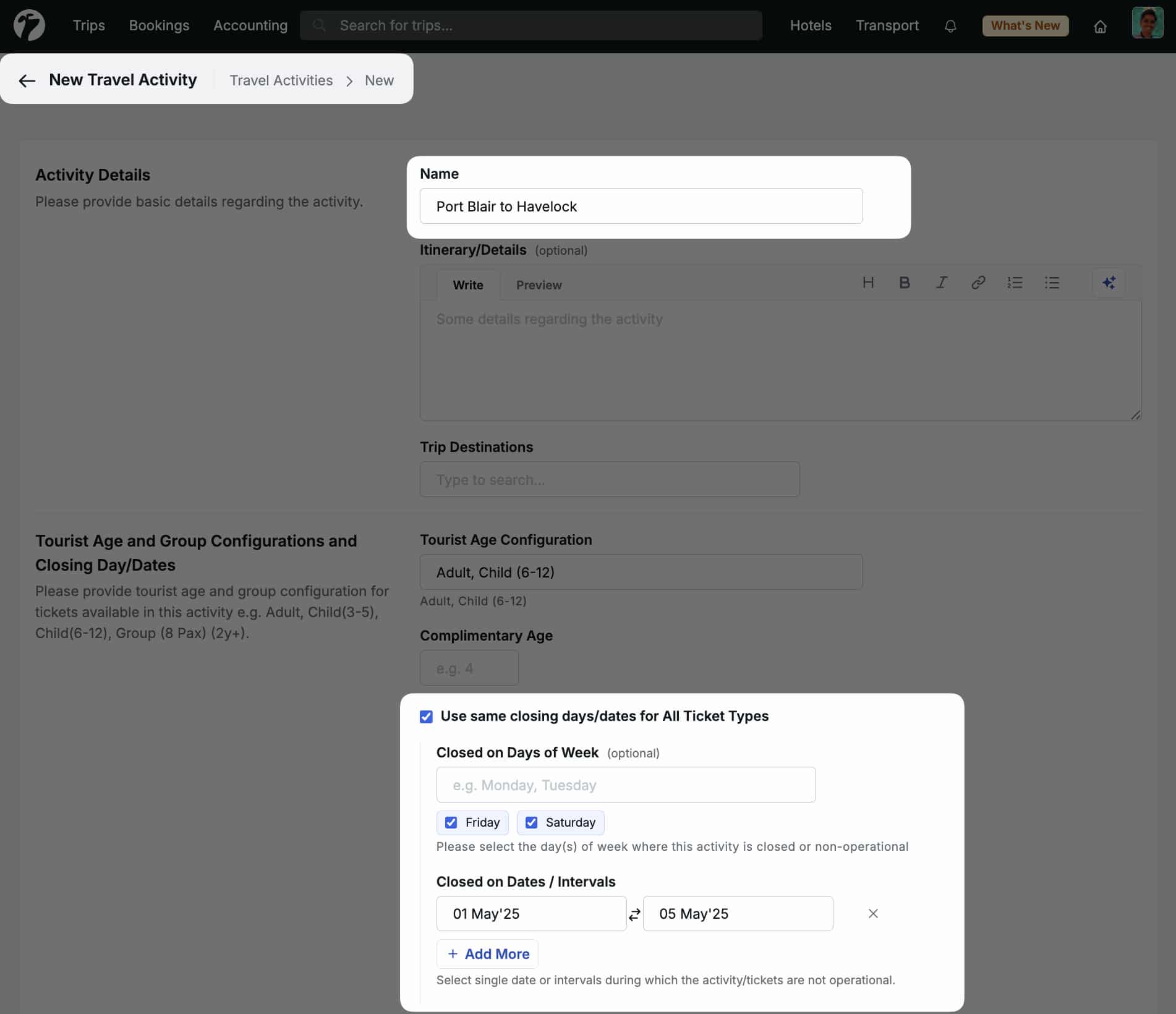 Image showing activity closing days and dates during creation on Dashboard