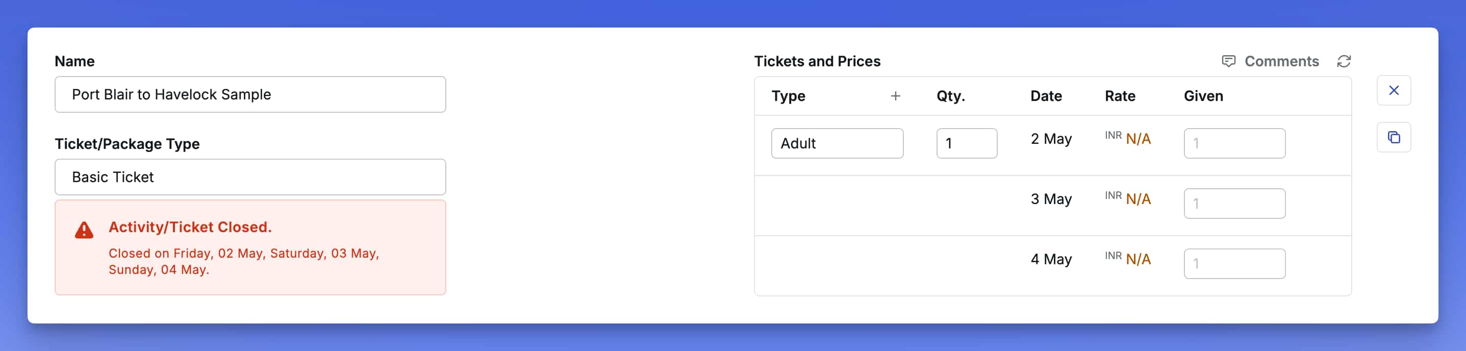 Image showing error for closed activity dates during quotation