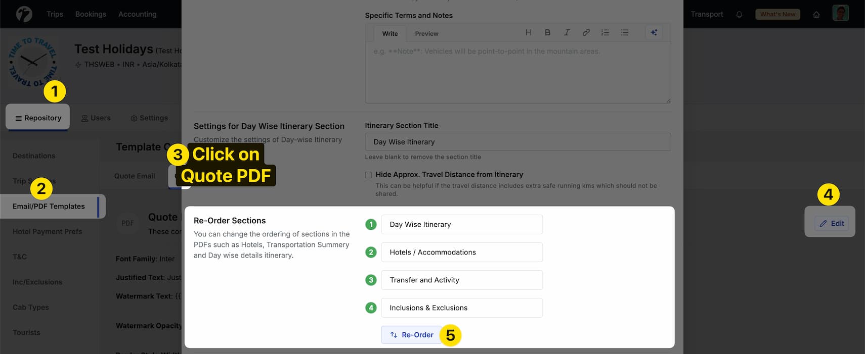 Image showing reordering options for different sections in Quote PDF Template
