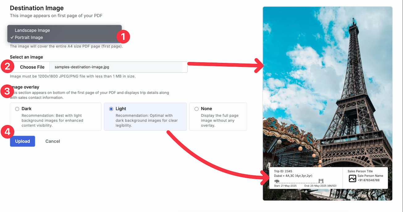 Image showing portrait full page image settings of a destination