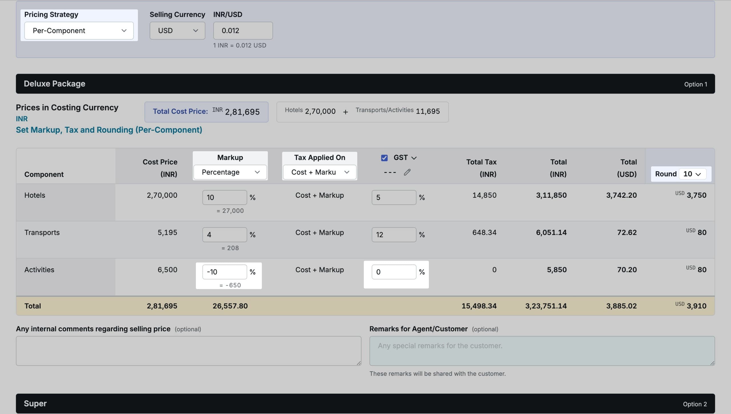Image showing per-component markup and taxation strategies