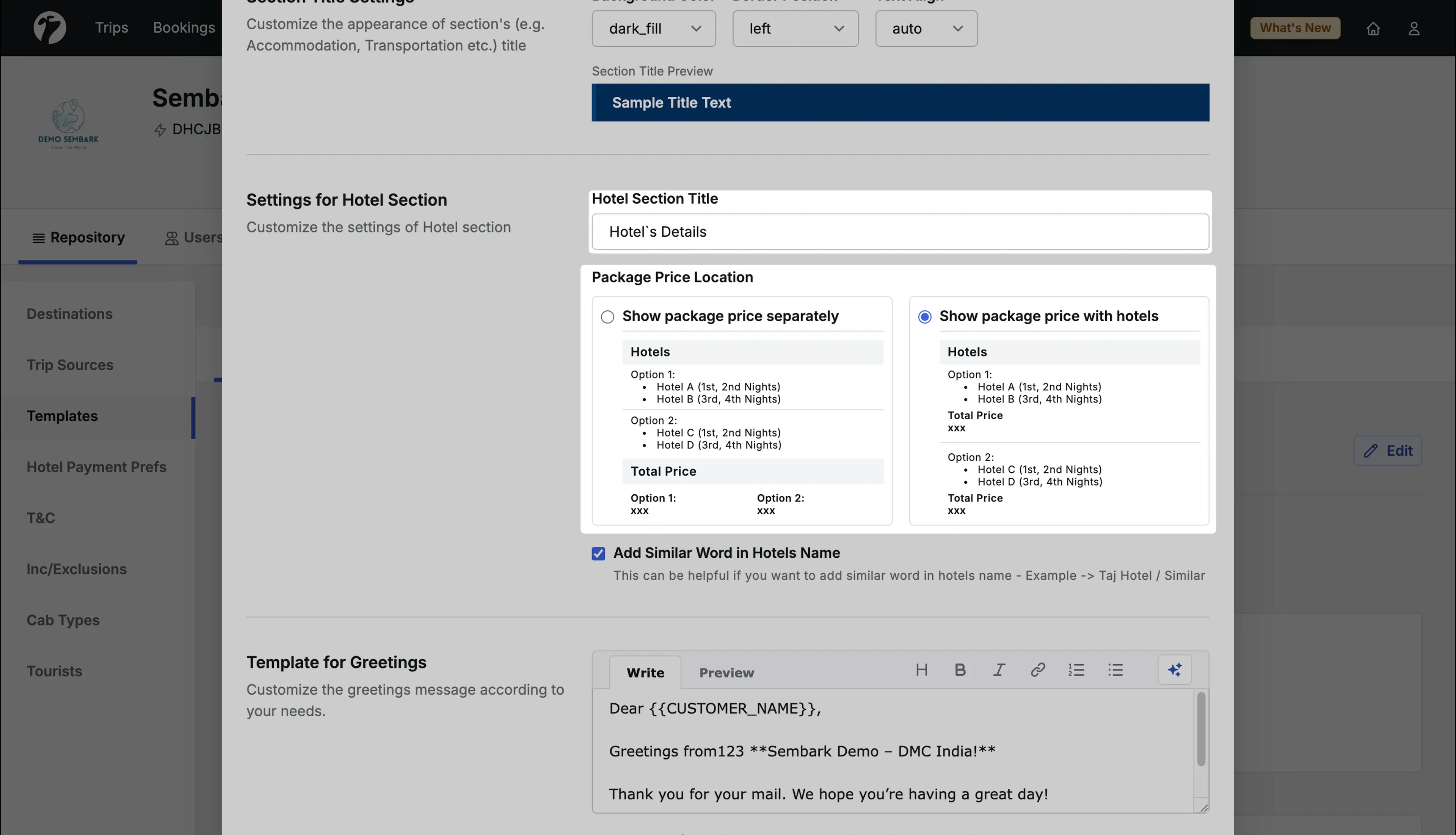 Image showing hotel section customisation in the quote email template