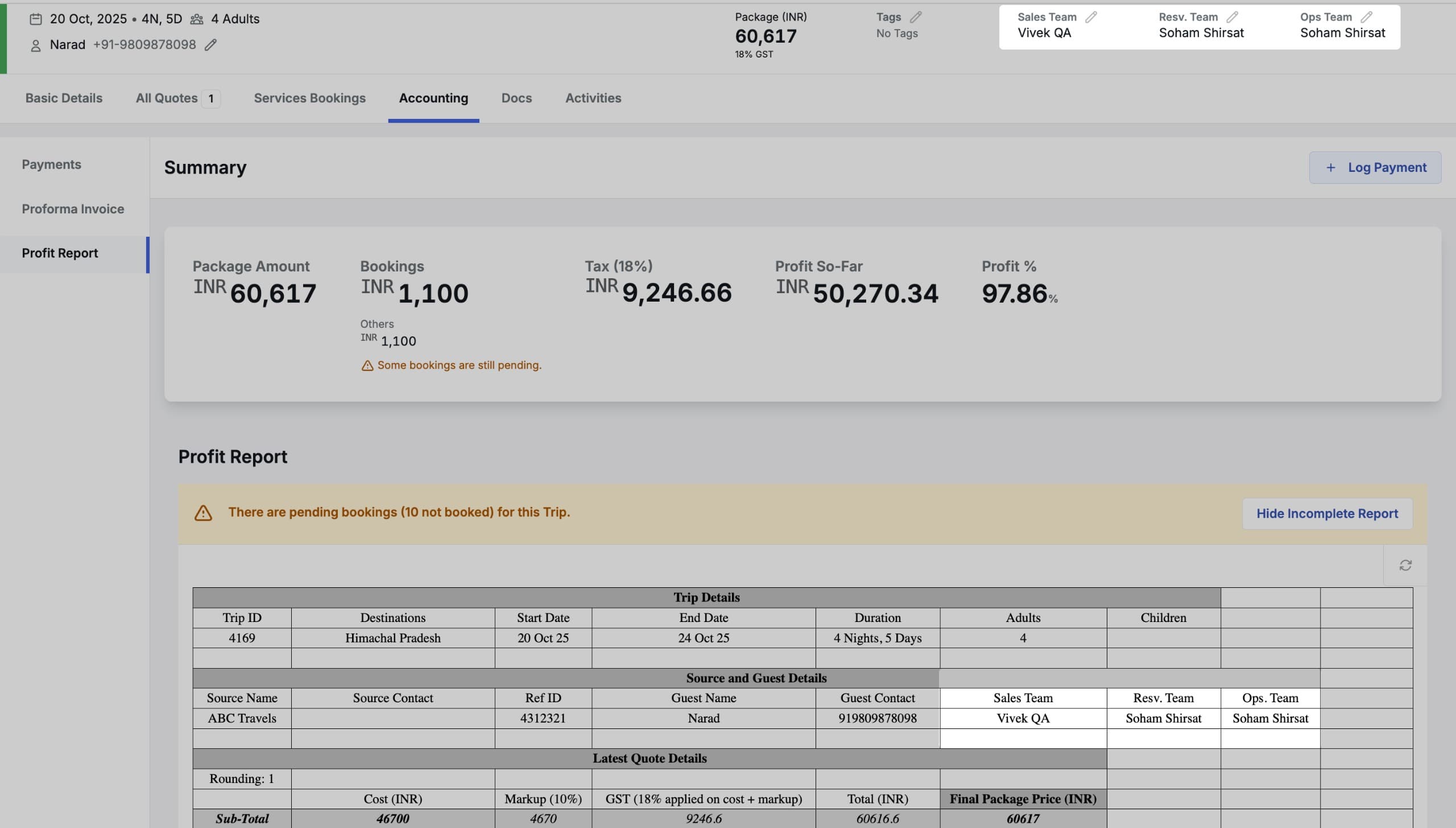 Image showing tripwise Profit Report