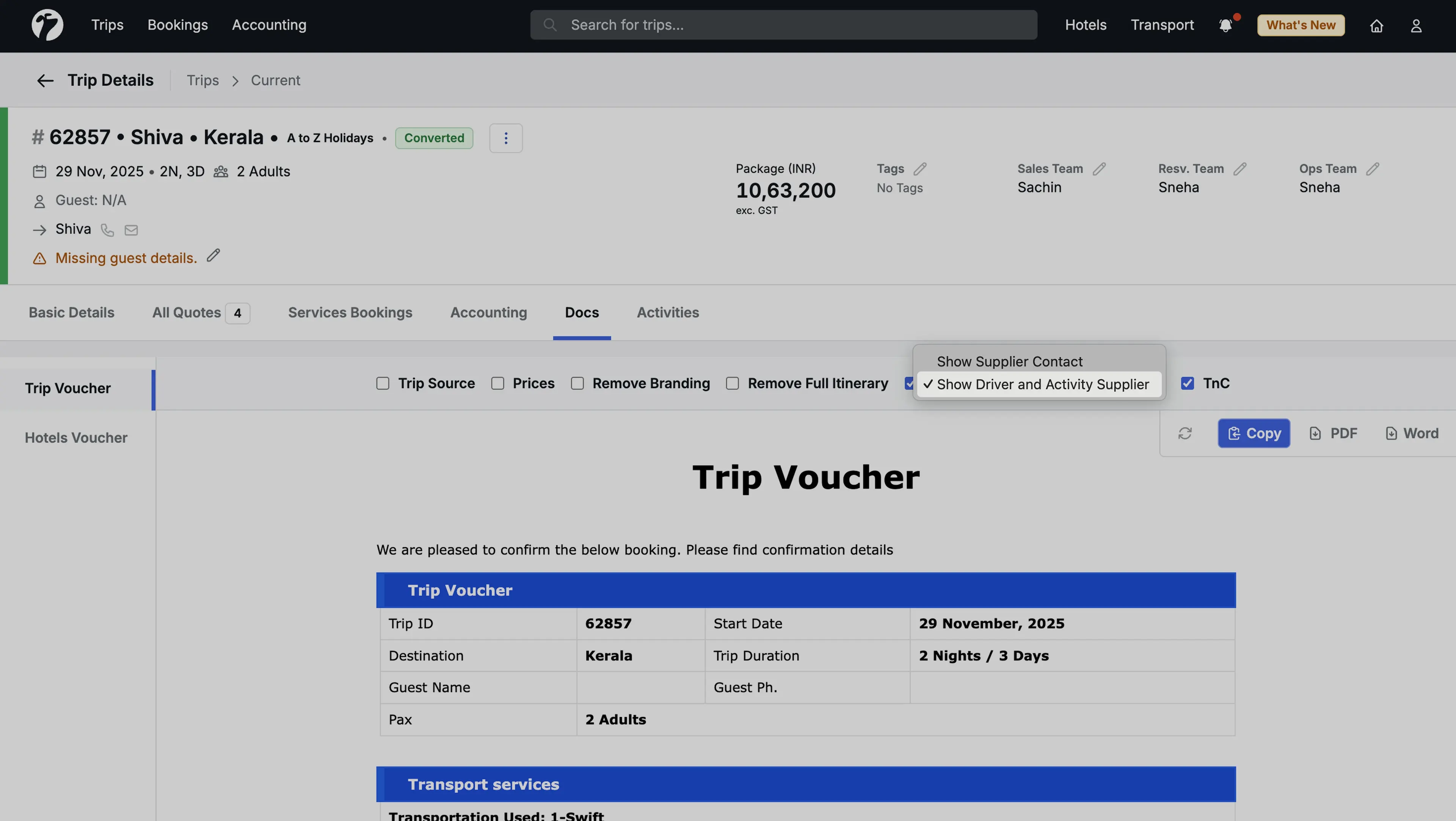 Image Showing option for showing driver details