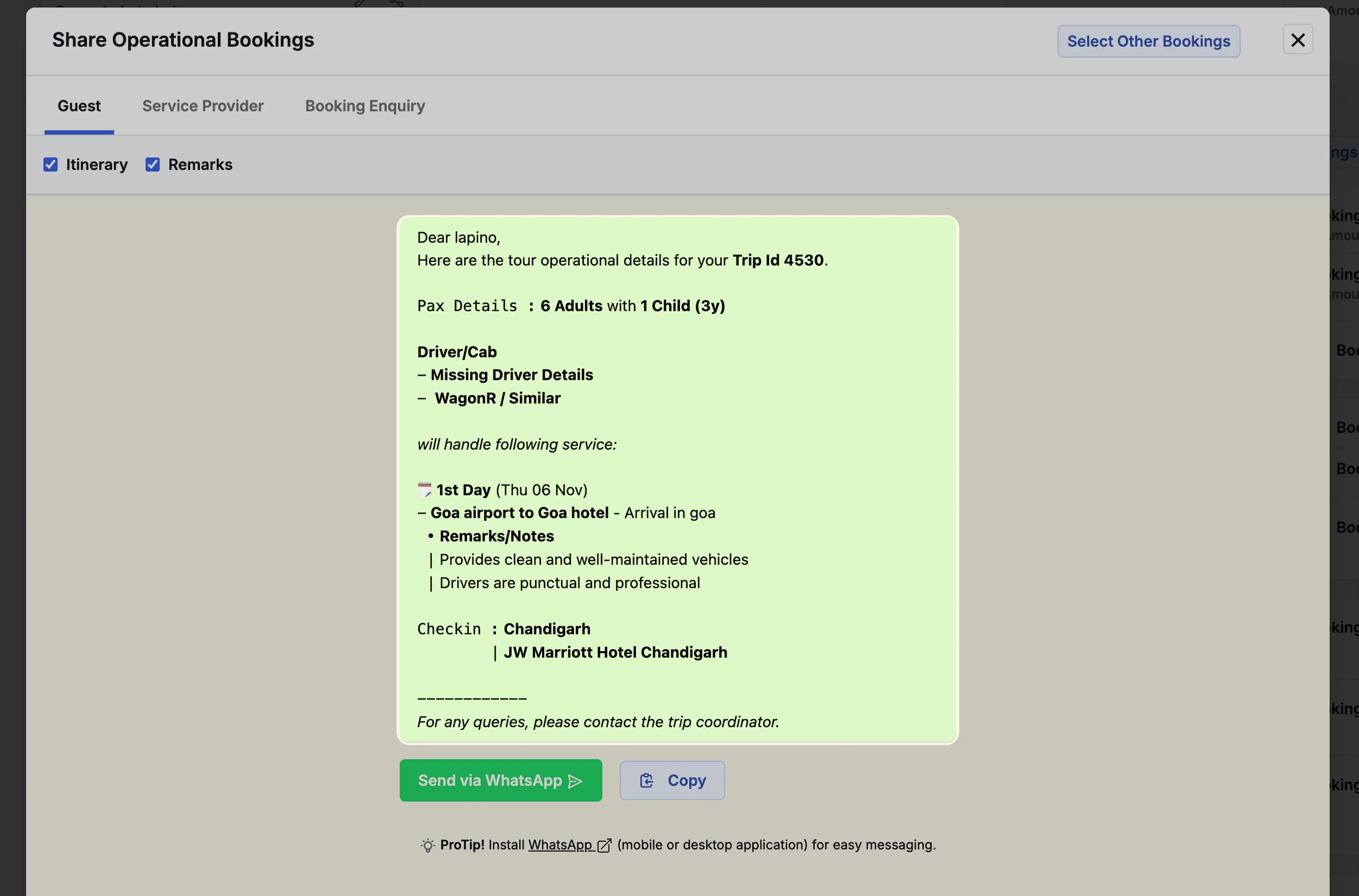 Image Showing Sharing of Transport service Details to Guest Without Driver Assigned