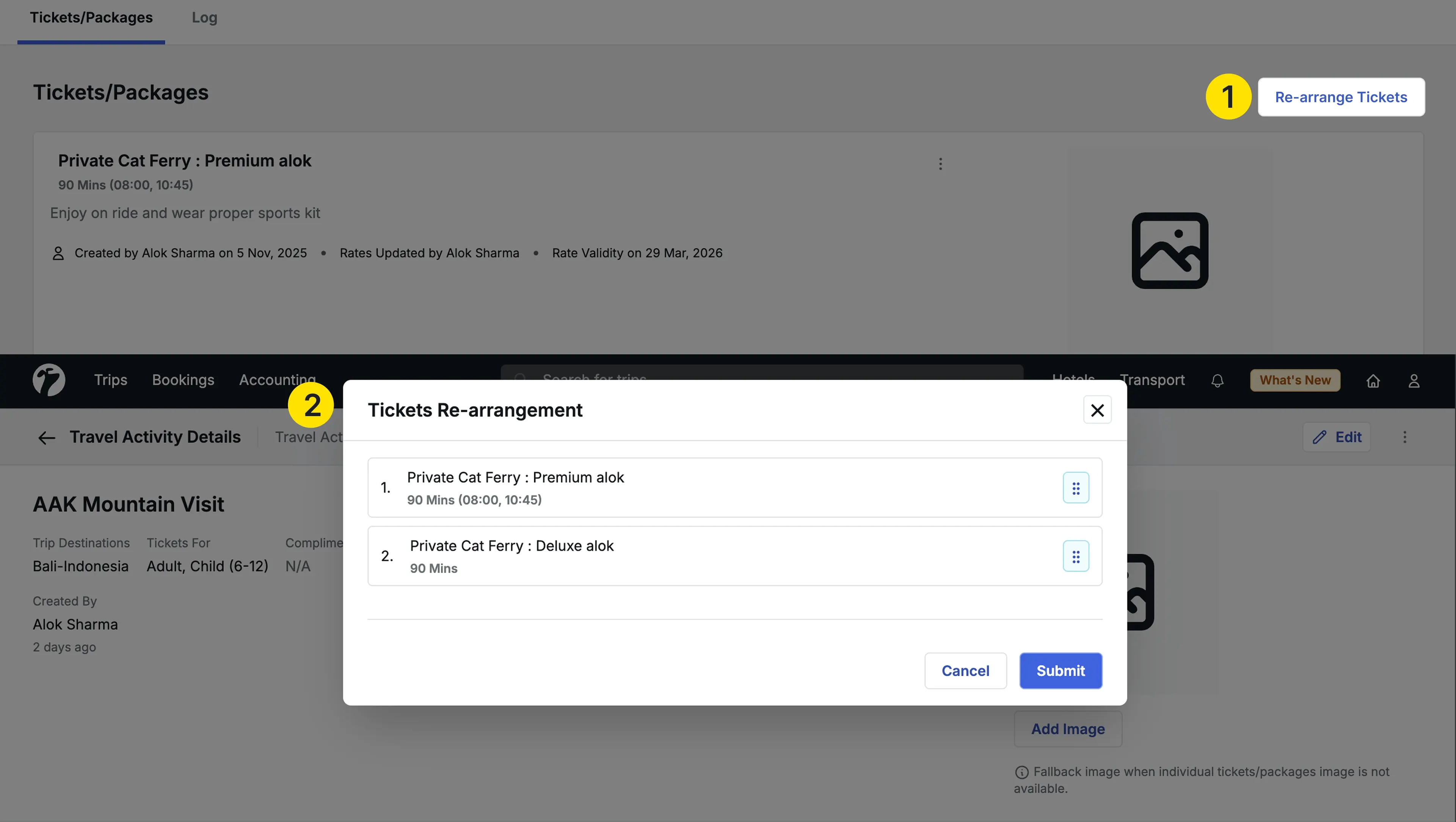 Image Showing Re-arrange option of tickets