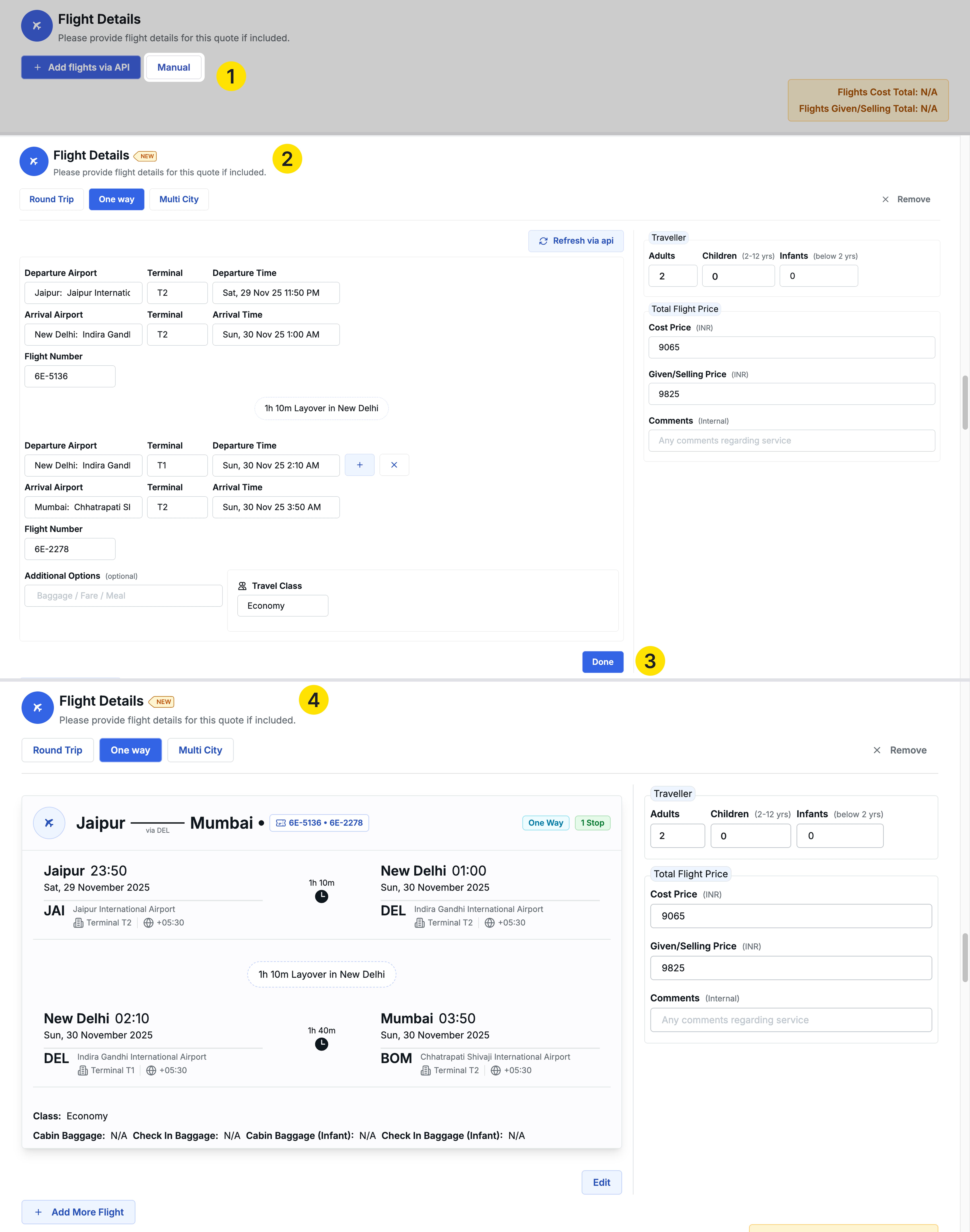 Image showing Process of adding one-way flight manually