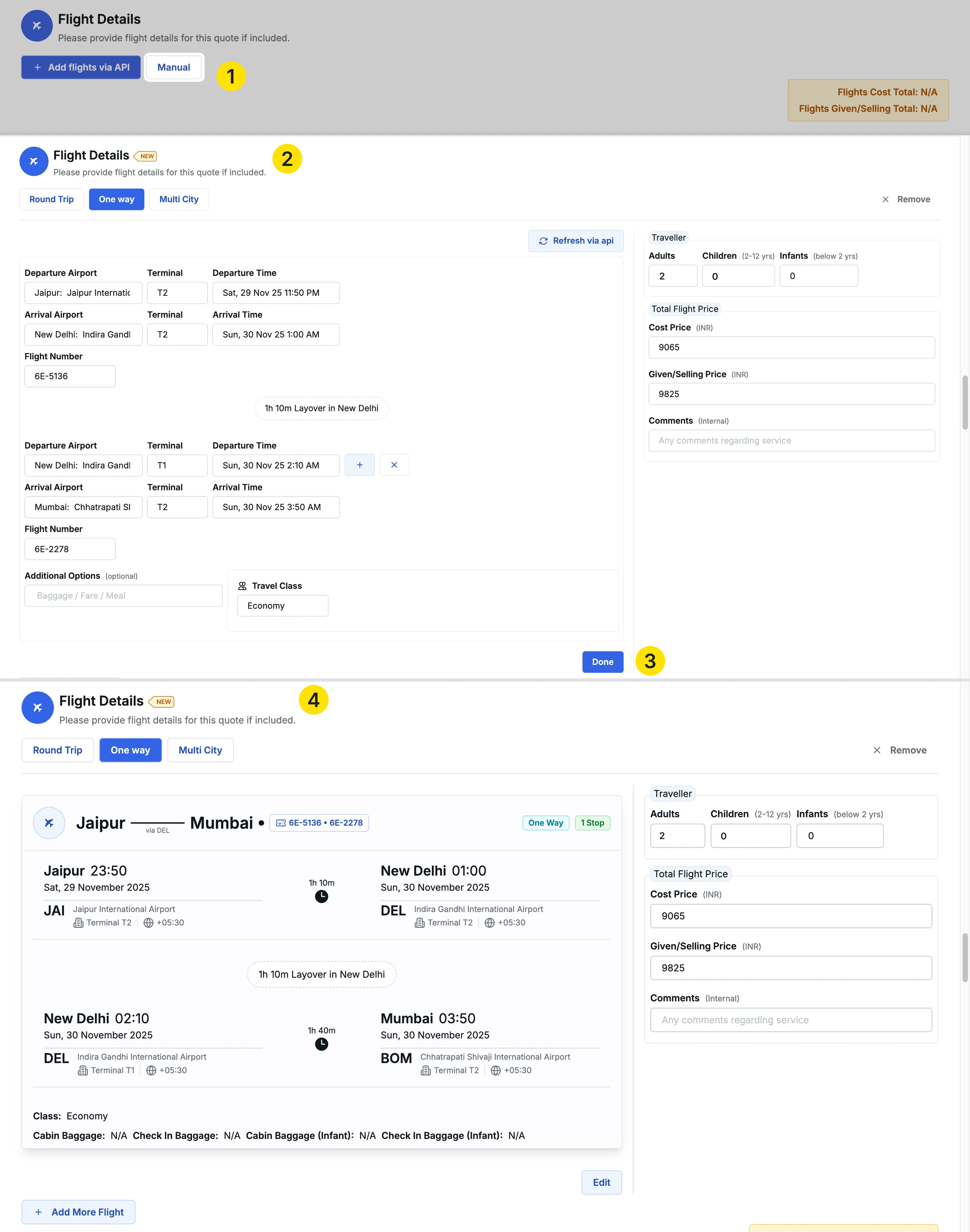 Image showing Process of adding one-way flight manually