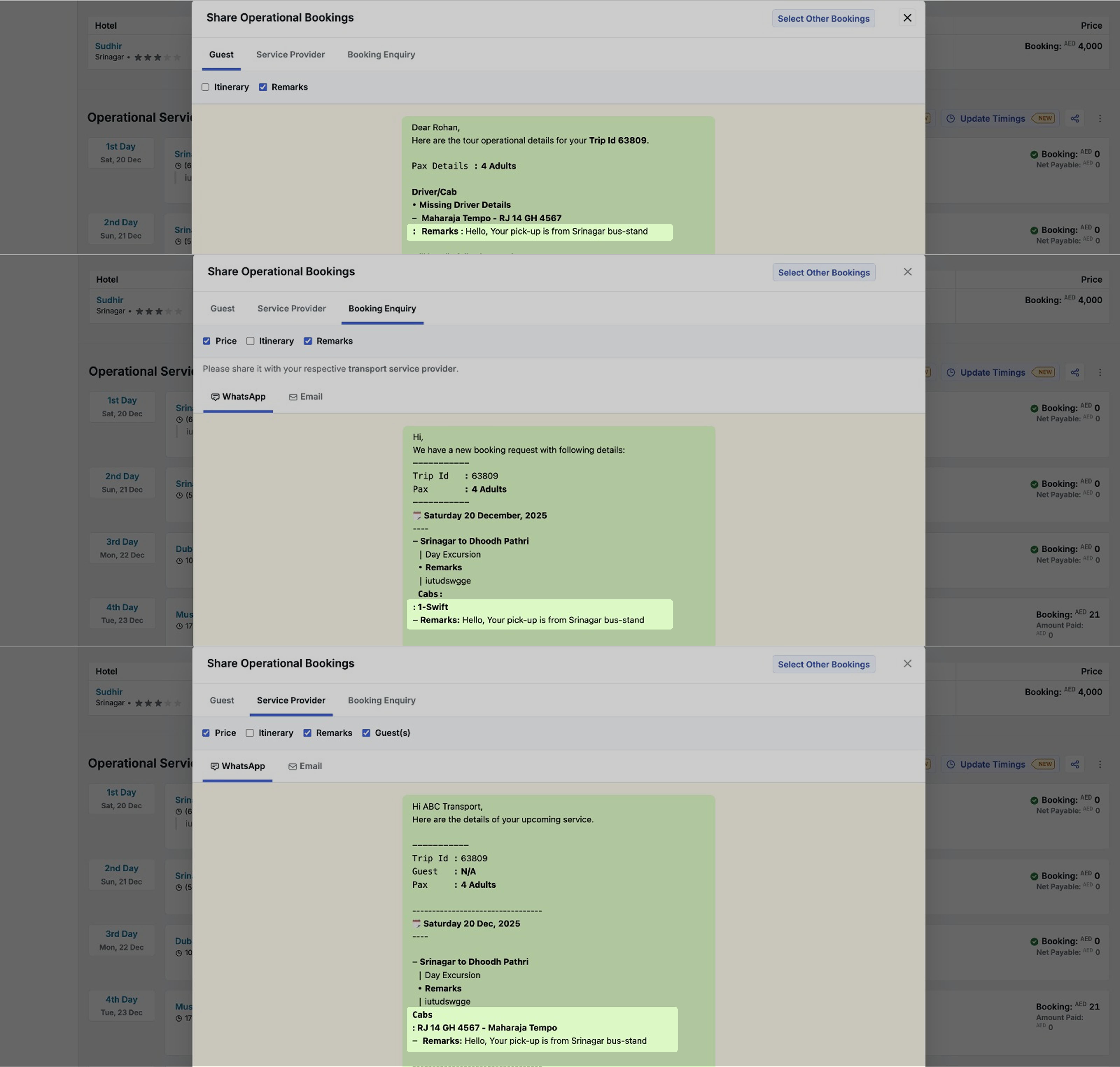 Image showing cab wise remarks in sharing