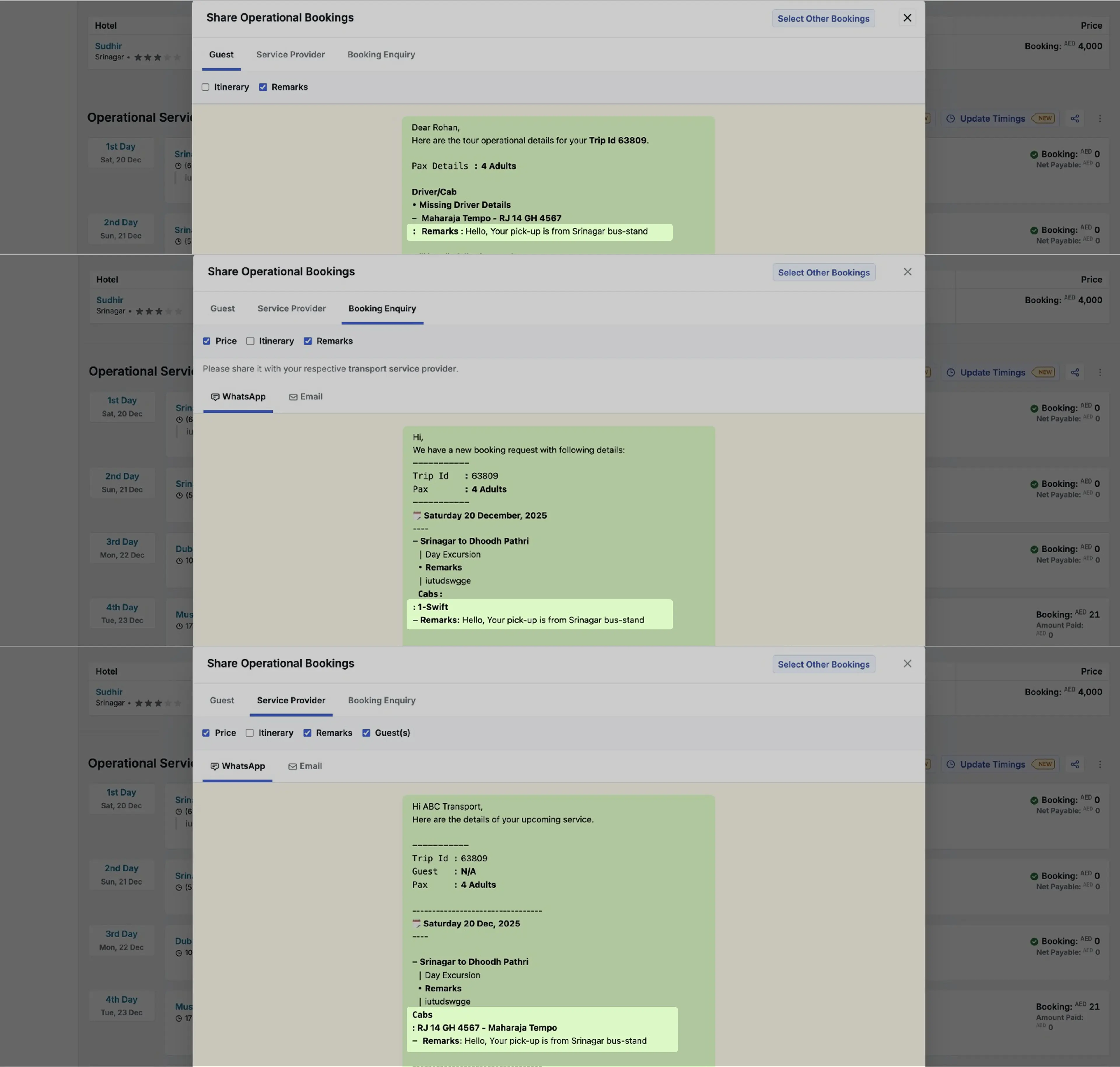 Image showing cab wise remarks in sharing