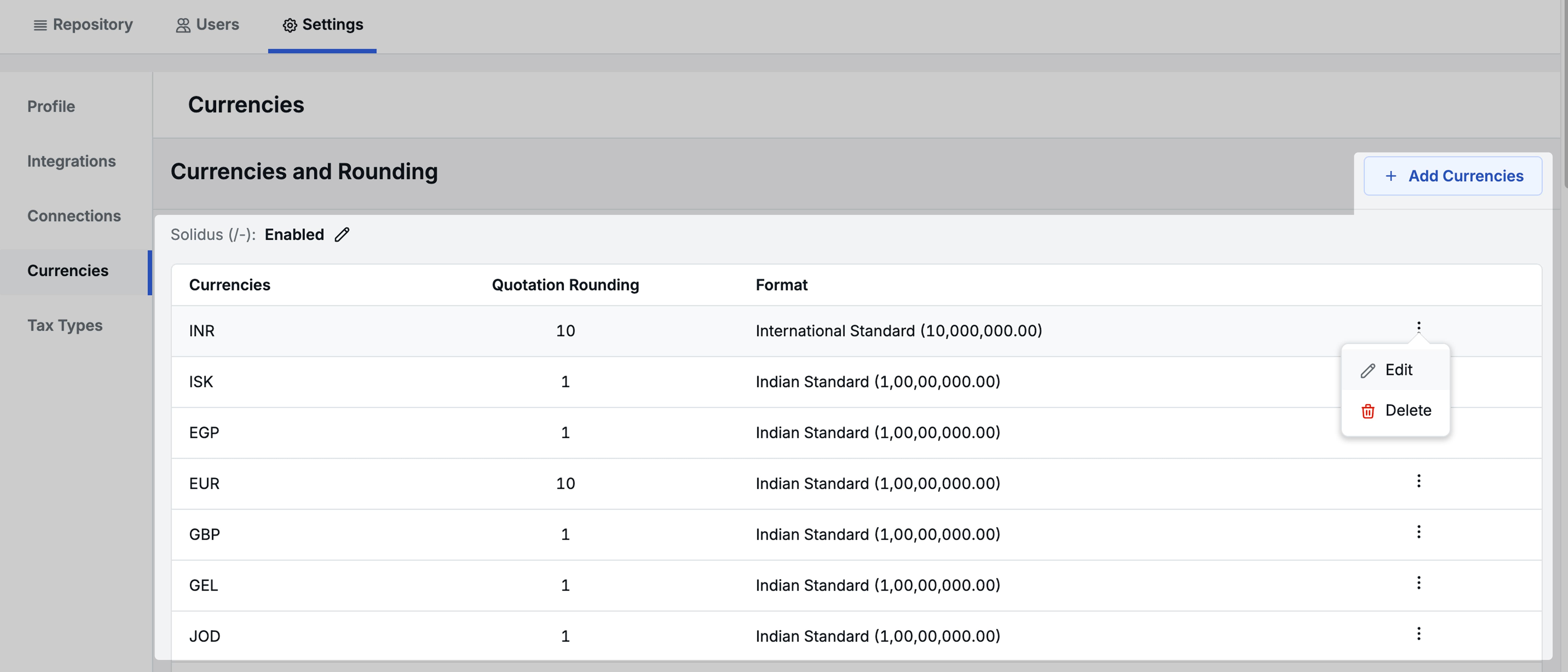 Image Showing Currency section setting