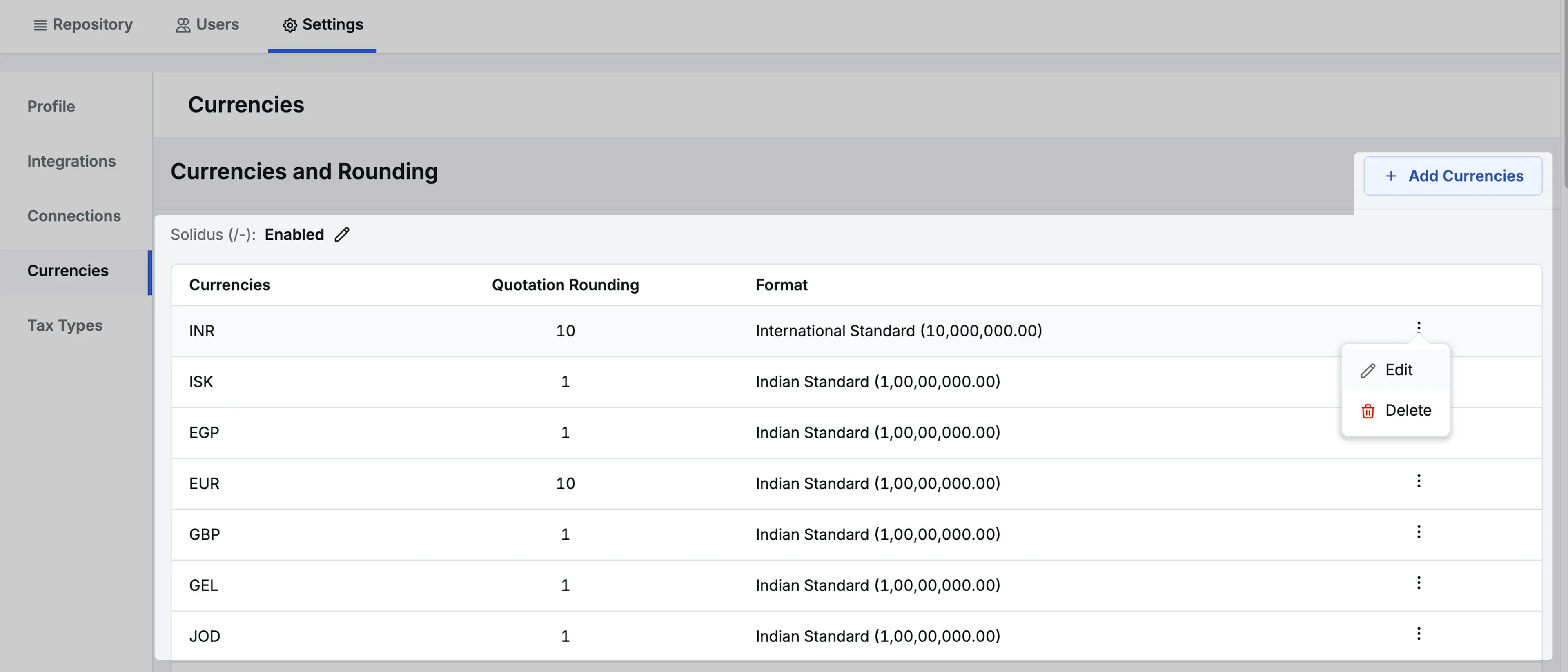 Image Showing Currency section setting