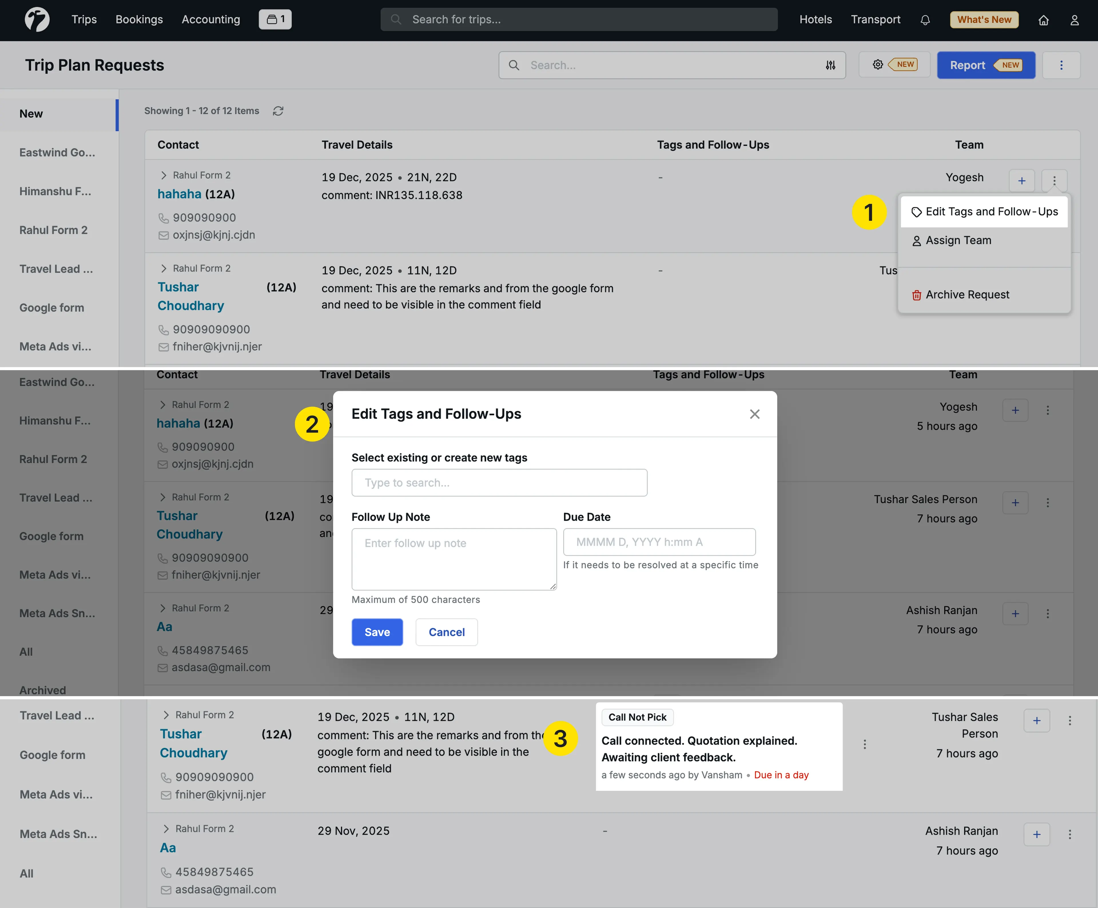 Image Showing follow-ups notes section in trip plan request