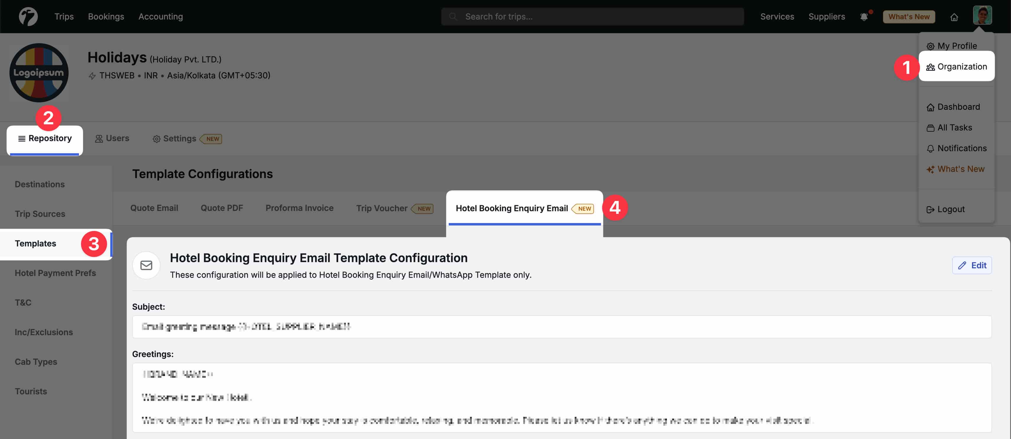 Image showing navigation for Hotel Booking Enquiry Email Template