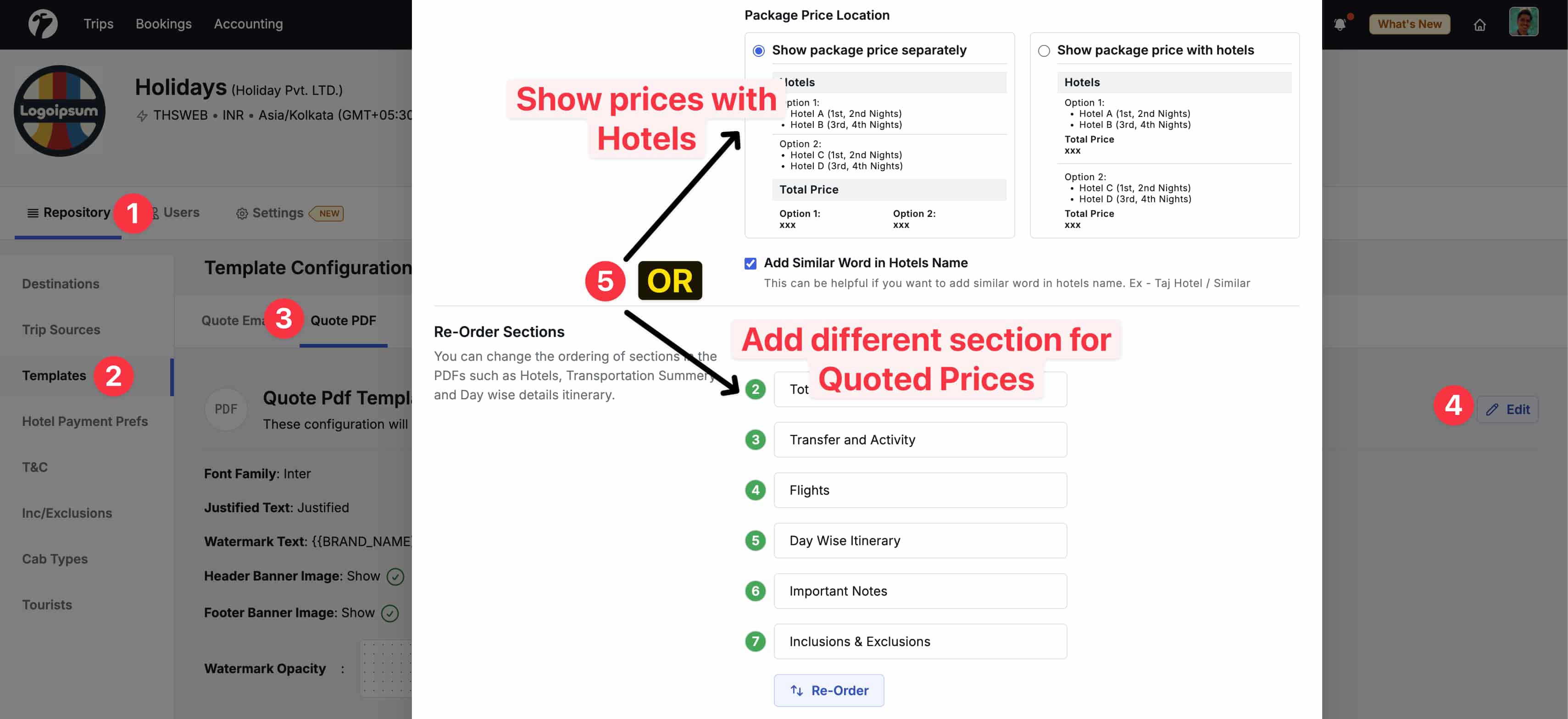 Image showing Quote PDF Template editing form with Price section highlighting