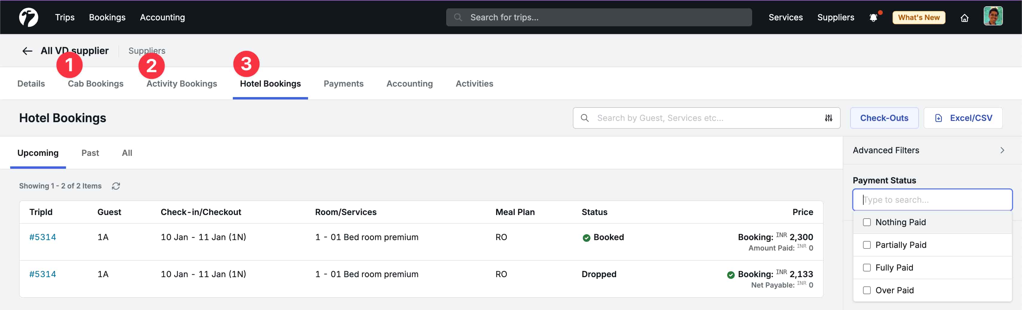 Image showing different booking tabs for a supplier