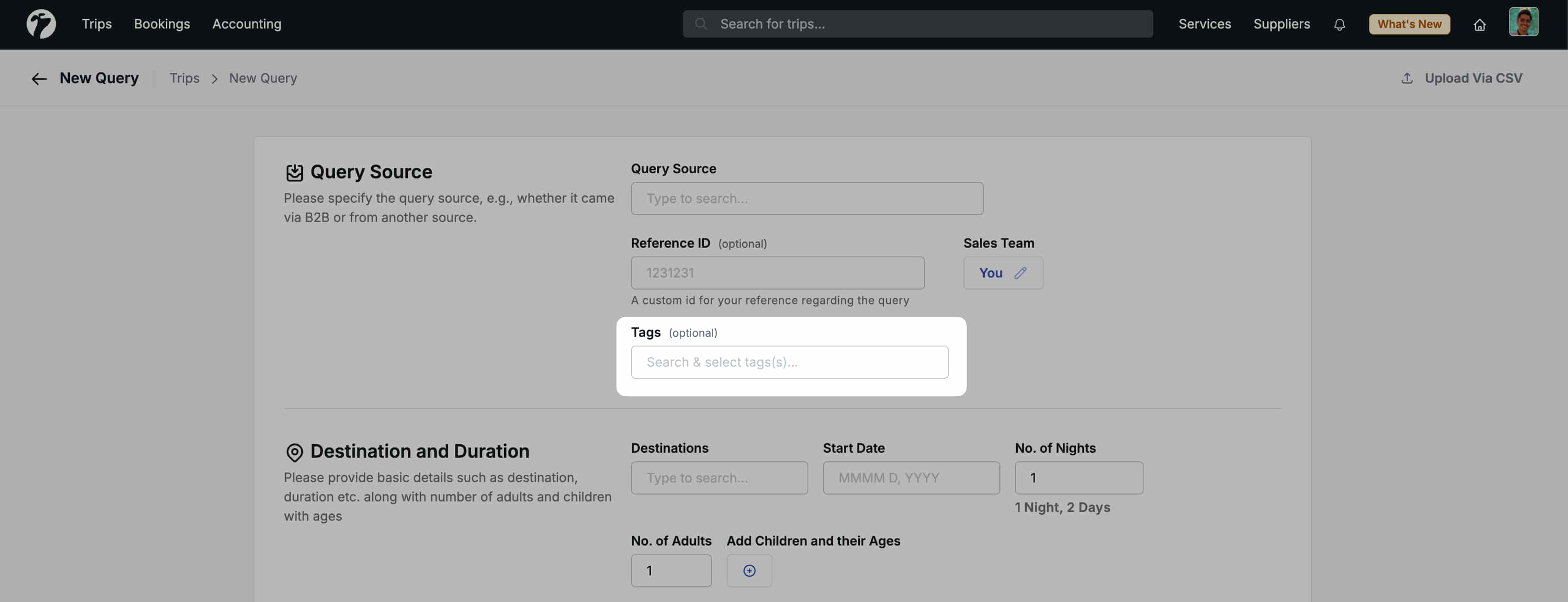 Image showing new Tags field addition during the Trip Creation