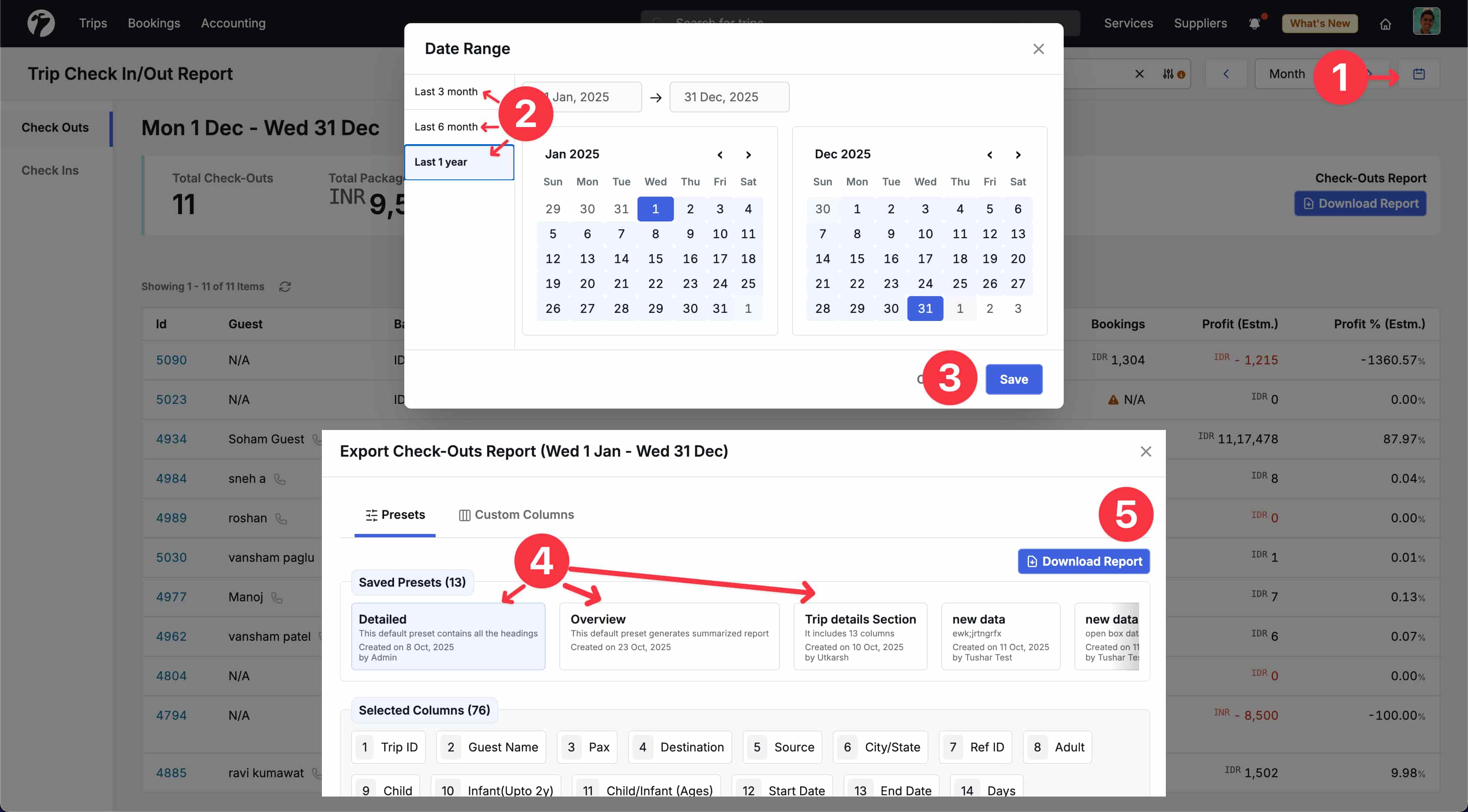 Image showing navigation flow for Trip check-in/out multi-month report download
