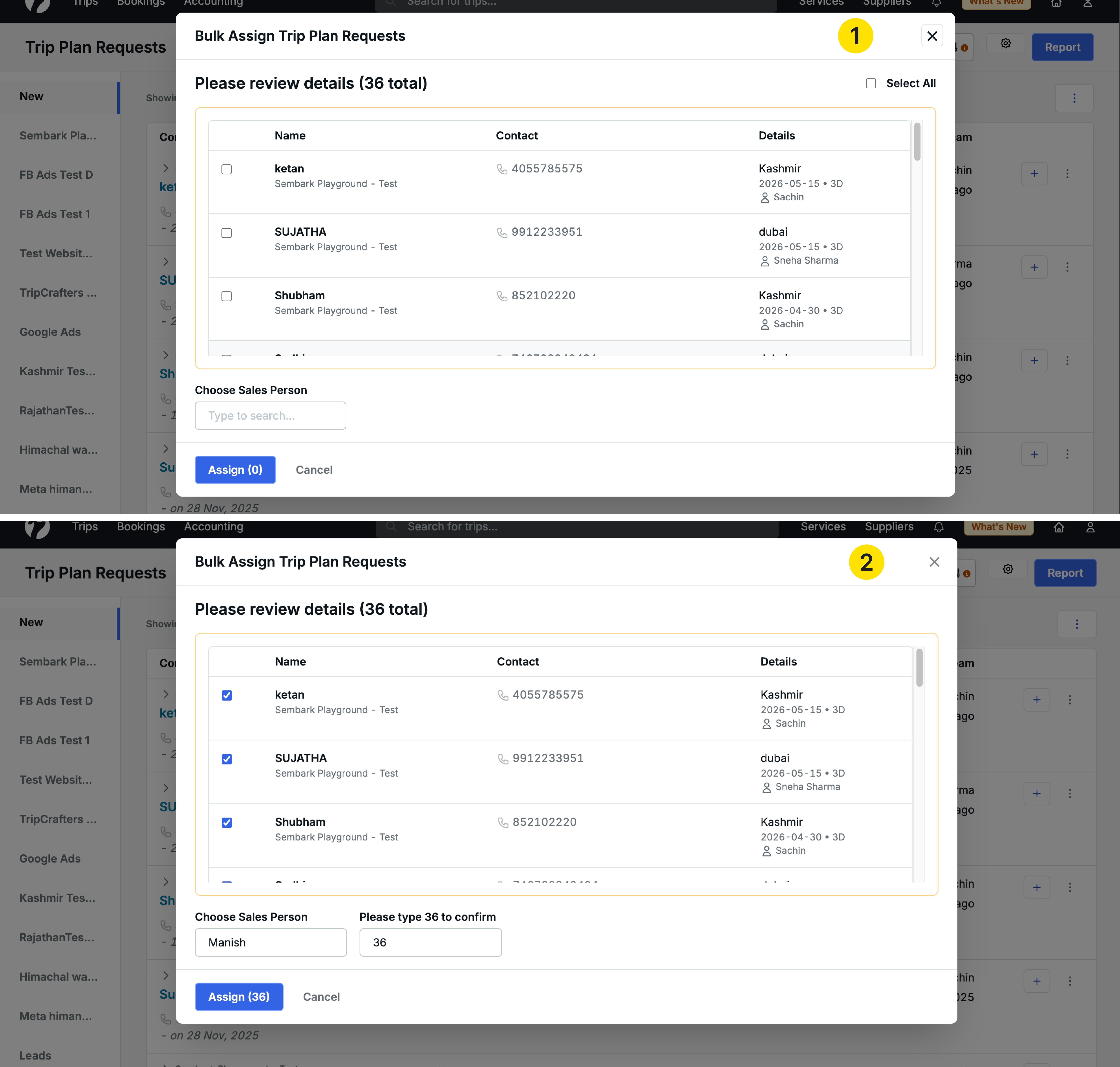 Image showing the Bulk Assign modal with lead selection, Choose Sales Person dropdown, and confirmation field