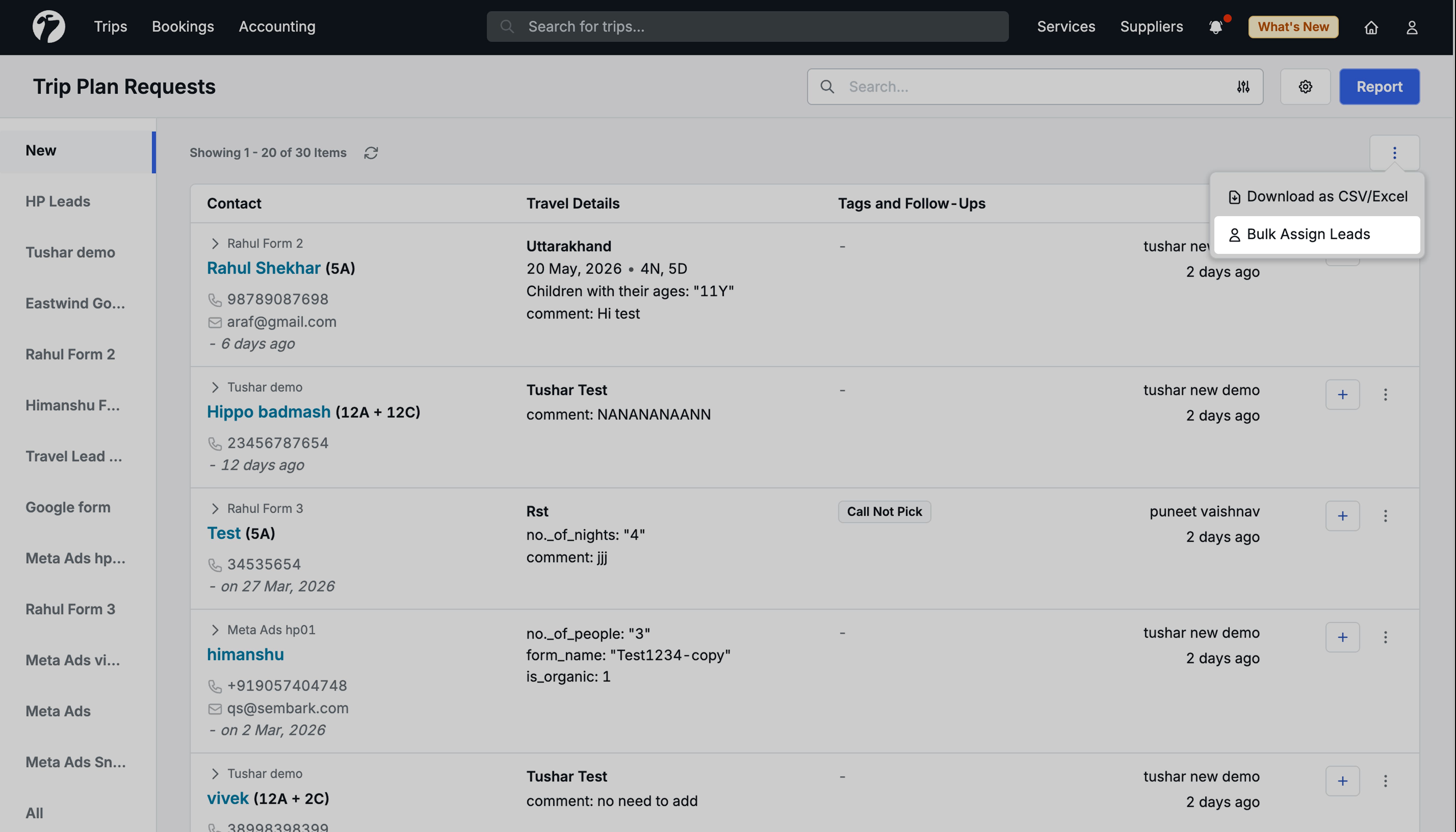 Image showing the Ellipsis menu on the Trip Plan Request page with the Bulk Assign Leads option