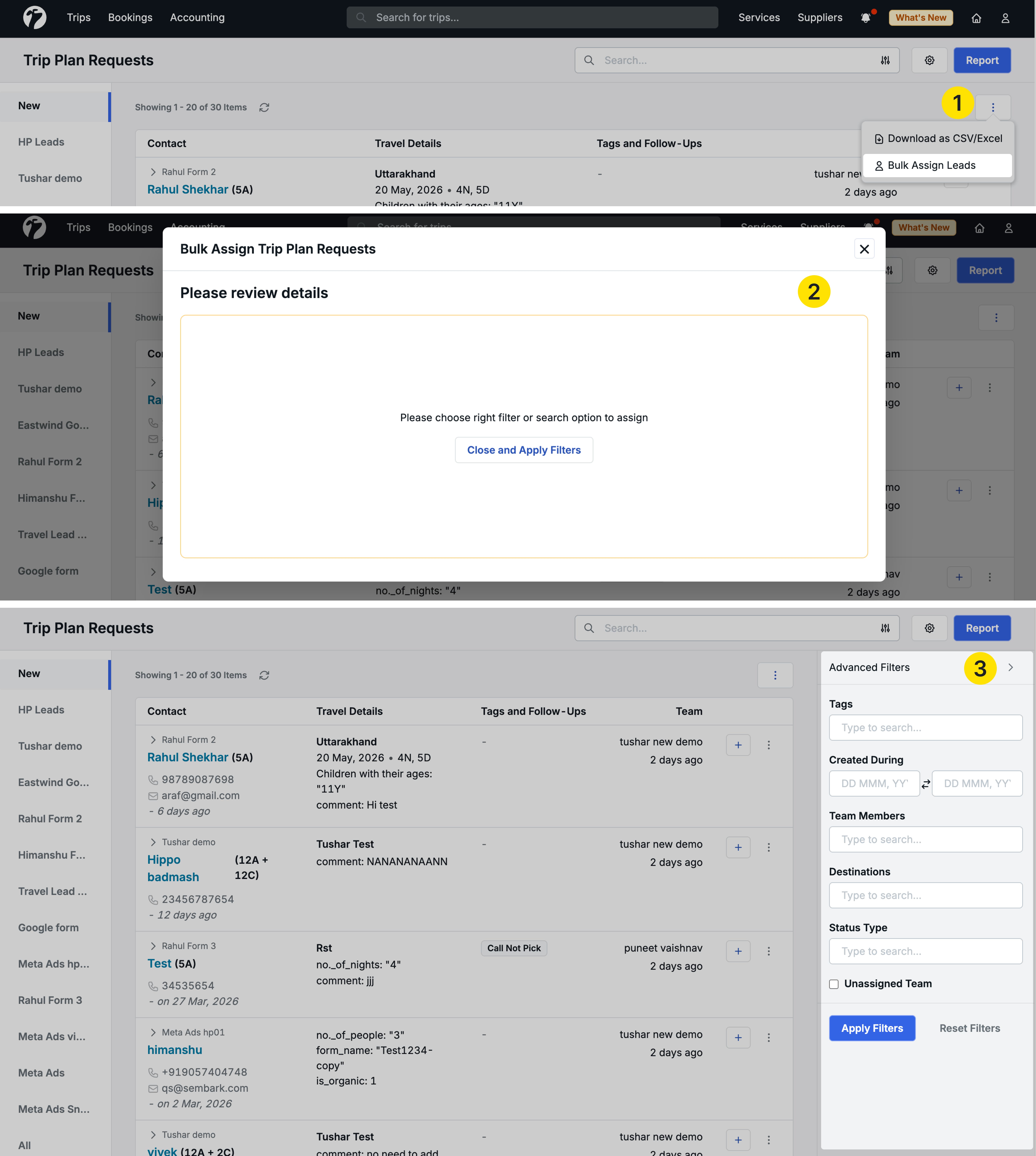 Image showing the filtered leads list and the Ellipsis menu with Bulk Assign Leads option