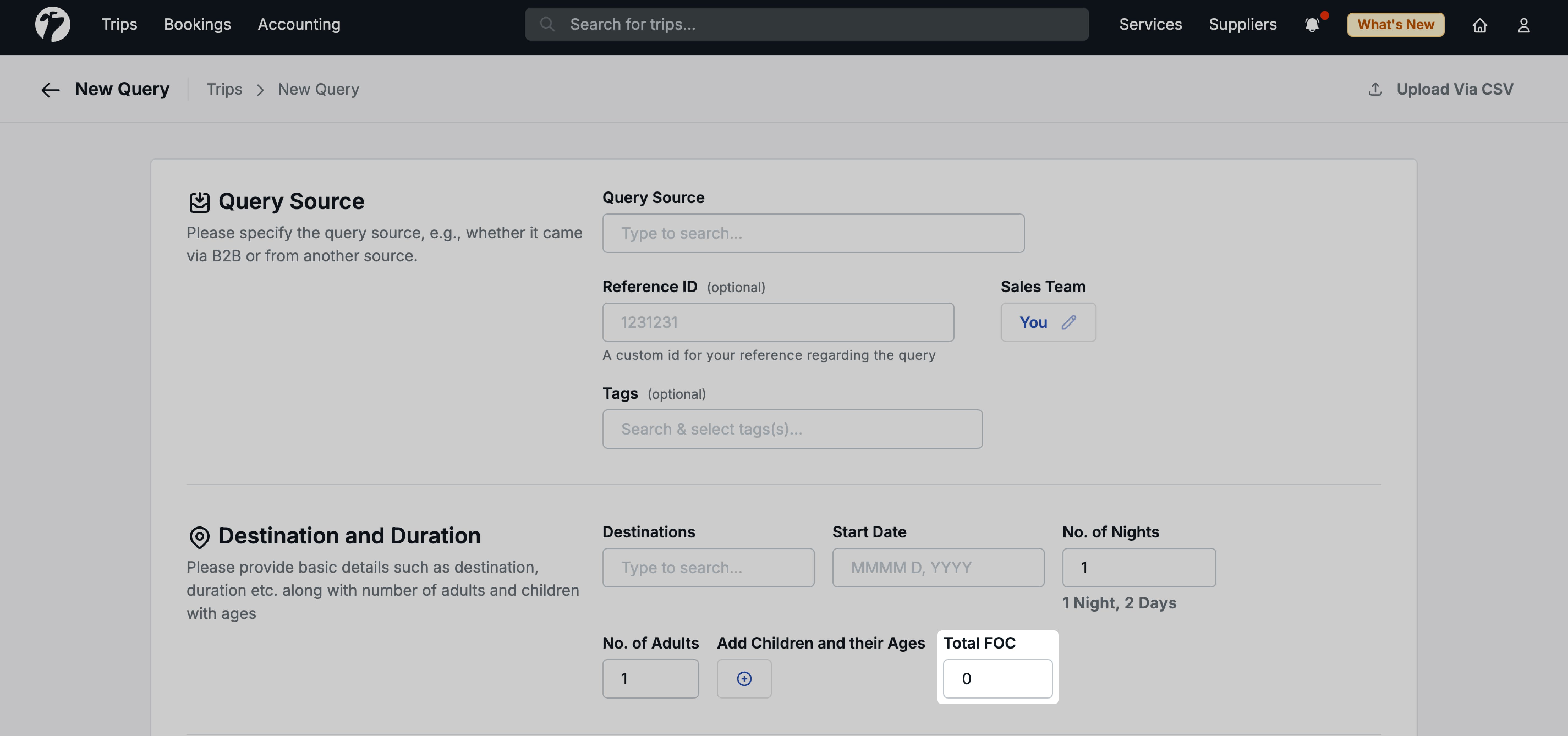 Image showing the FOC column in the Basic Details New Query form