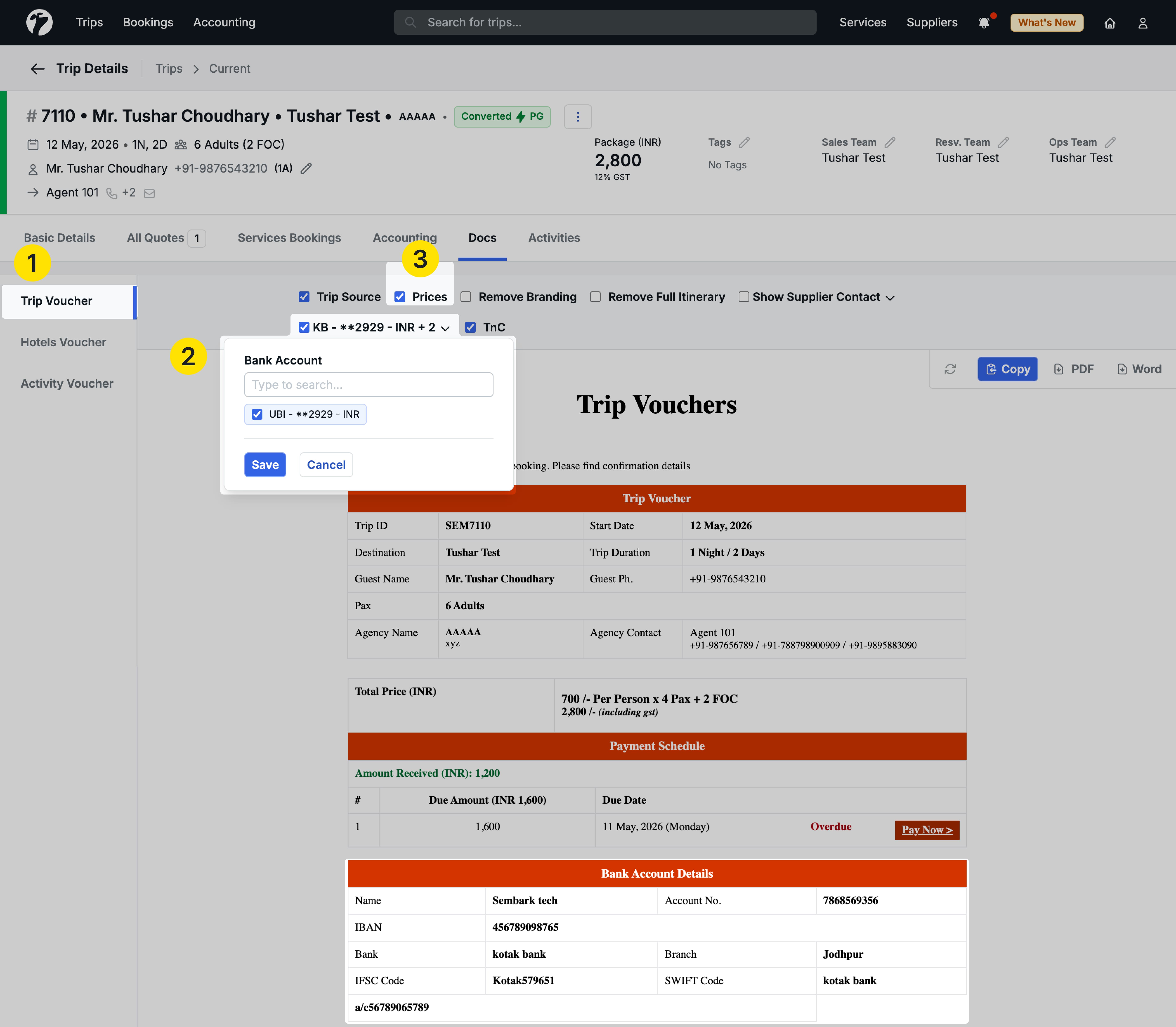 Image Showing Bank accounts drop down in Trip voucher