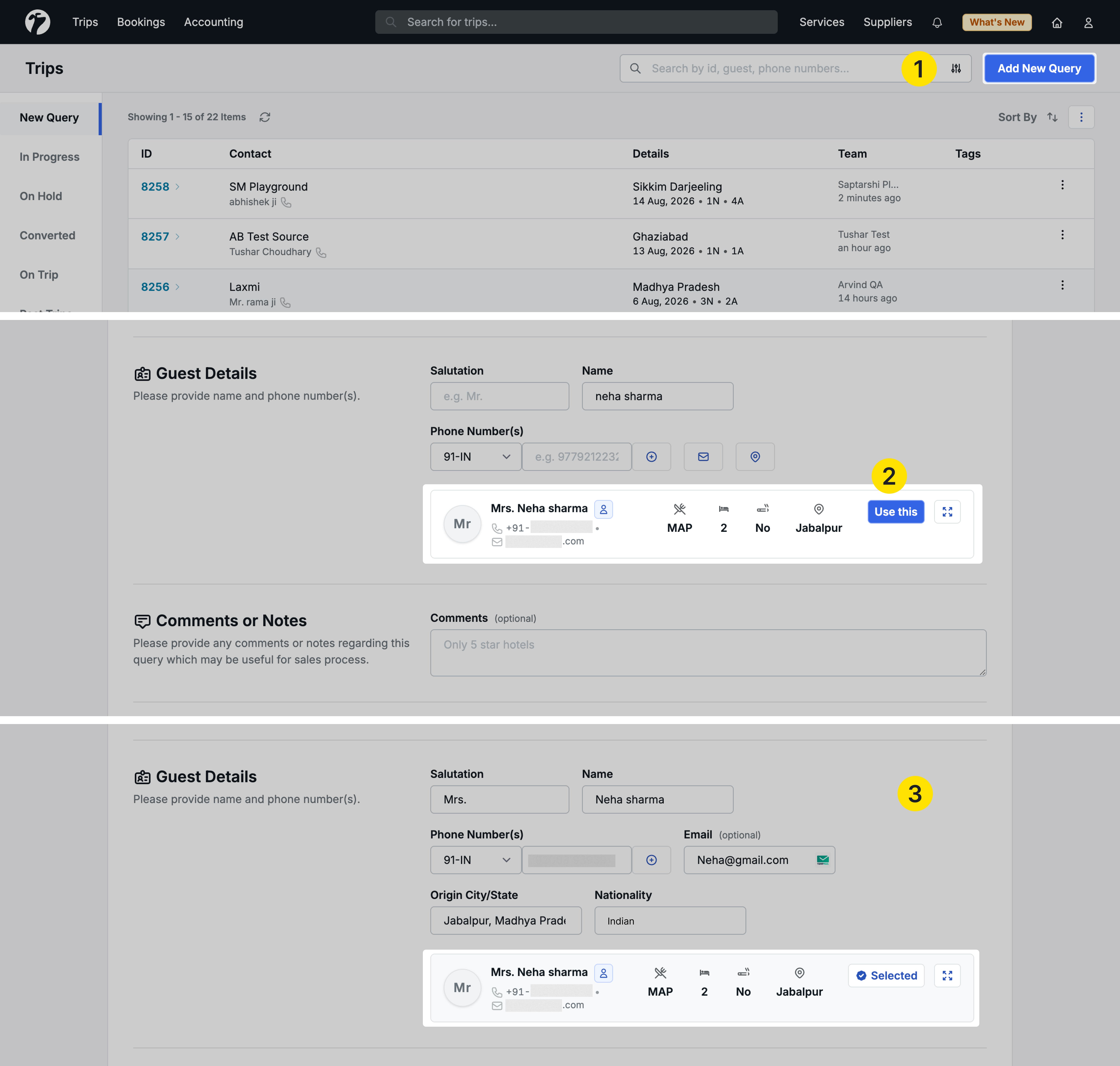 image showing the New Query page with a Tourist Profile suggestion card appearing as guest details are entered