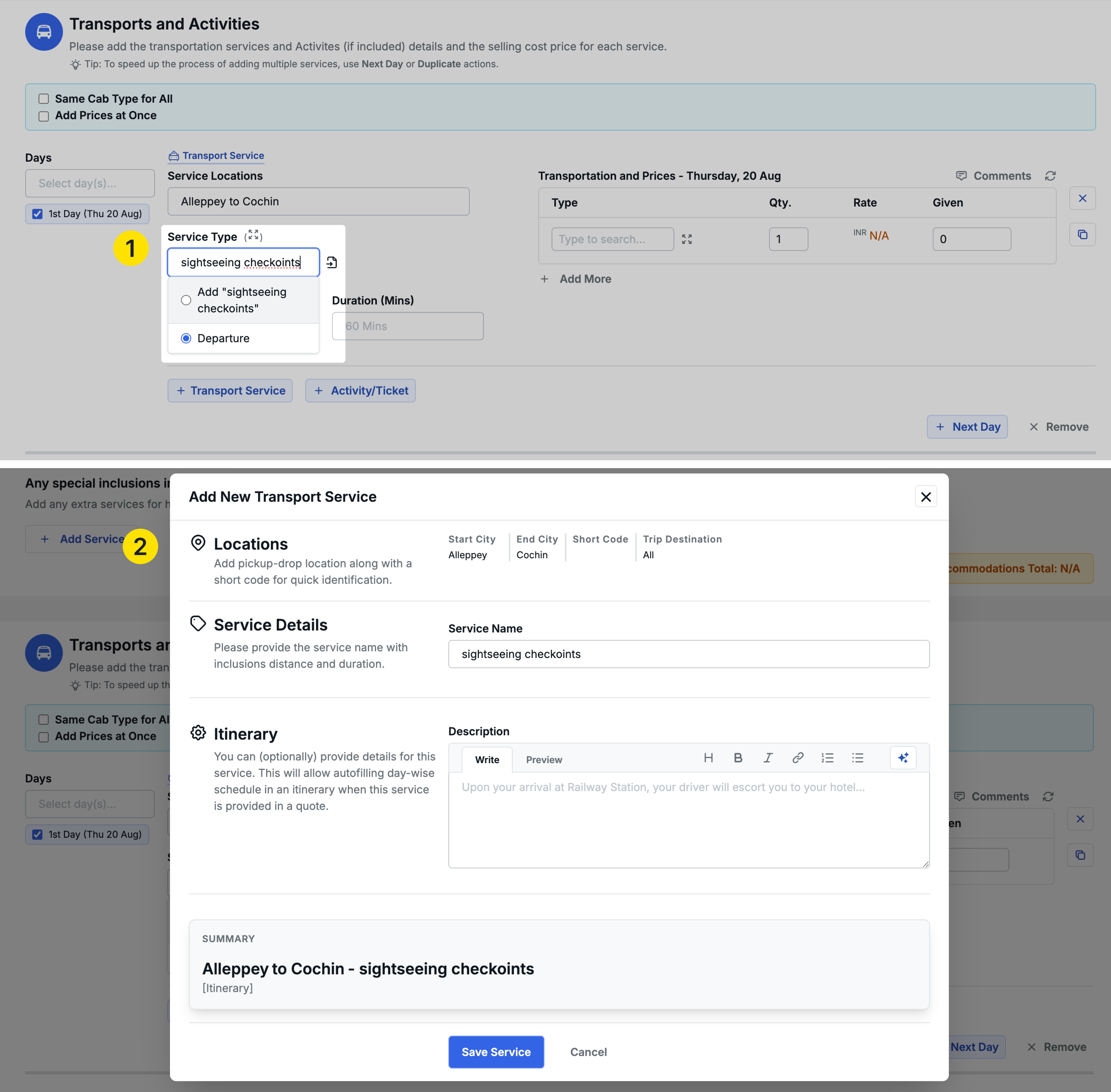 image showing the Quotation page with the inline option to create a new Service Type 
