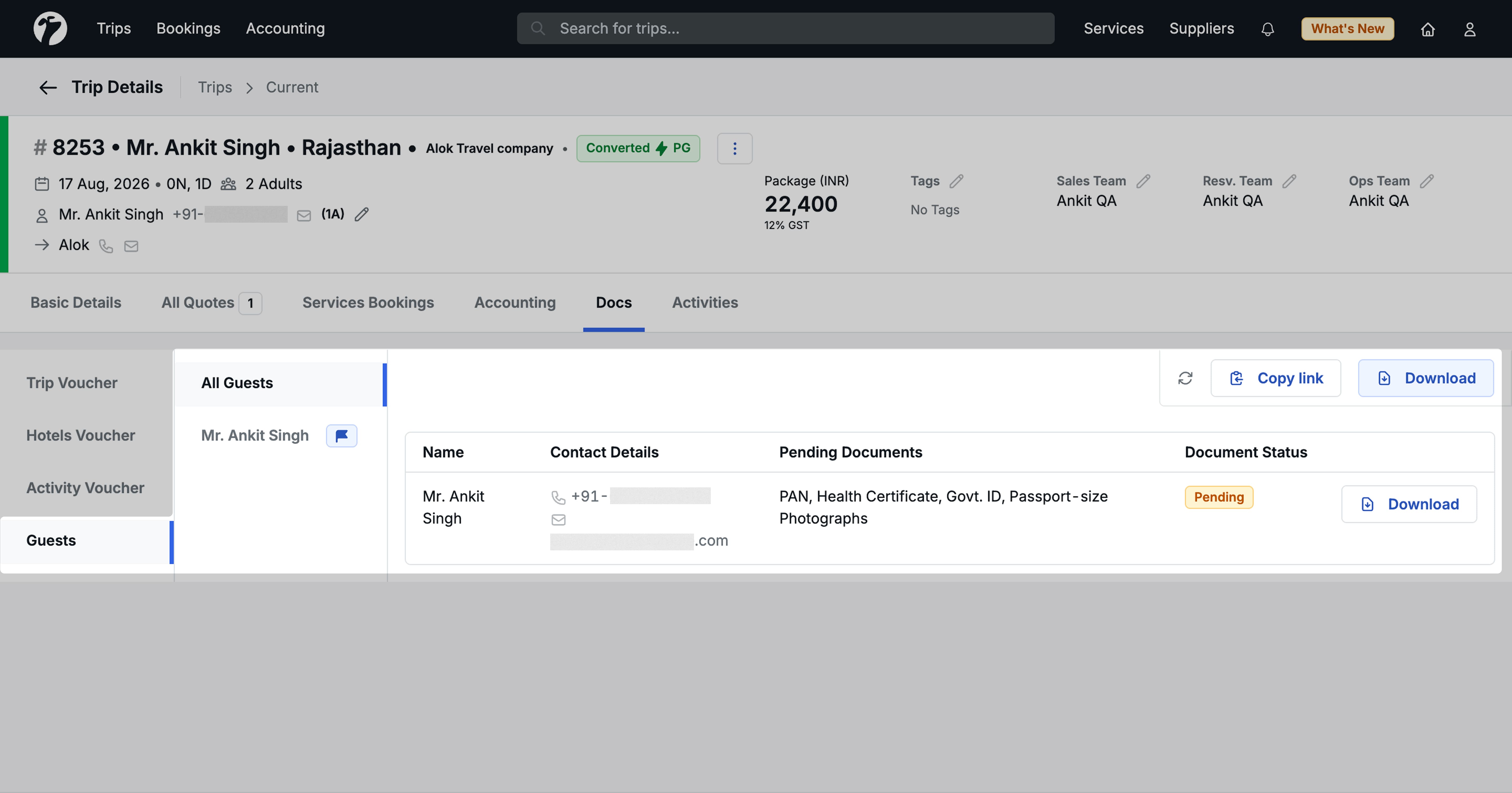 image showing the Guest Documents section under the Docs tab with document status indicators and upload options