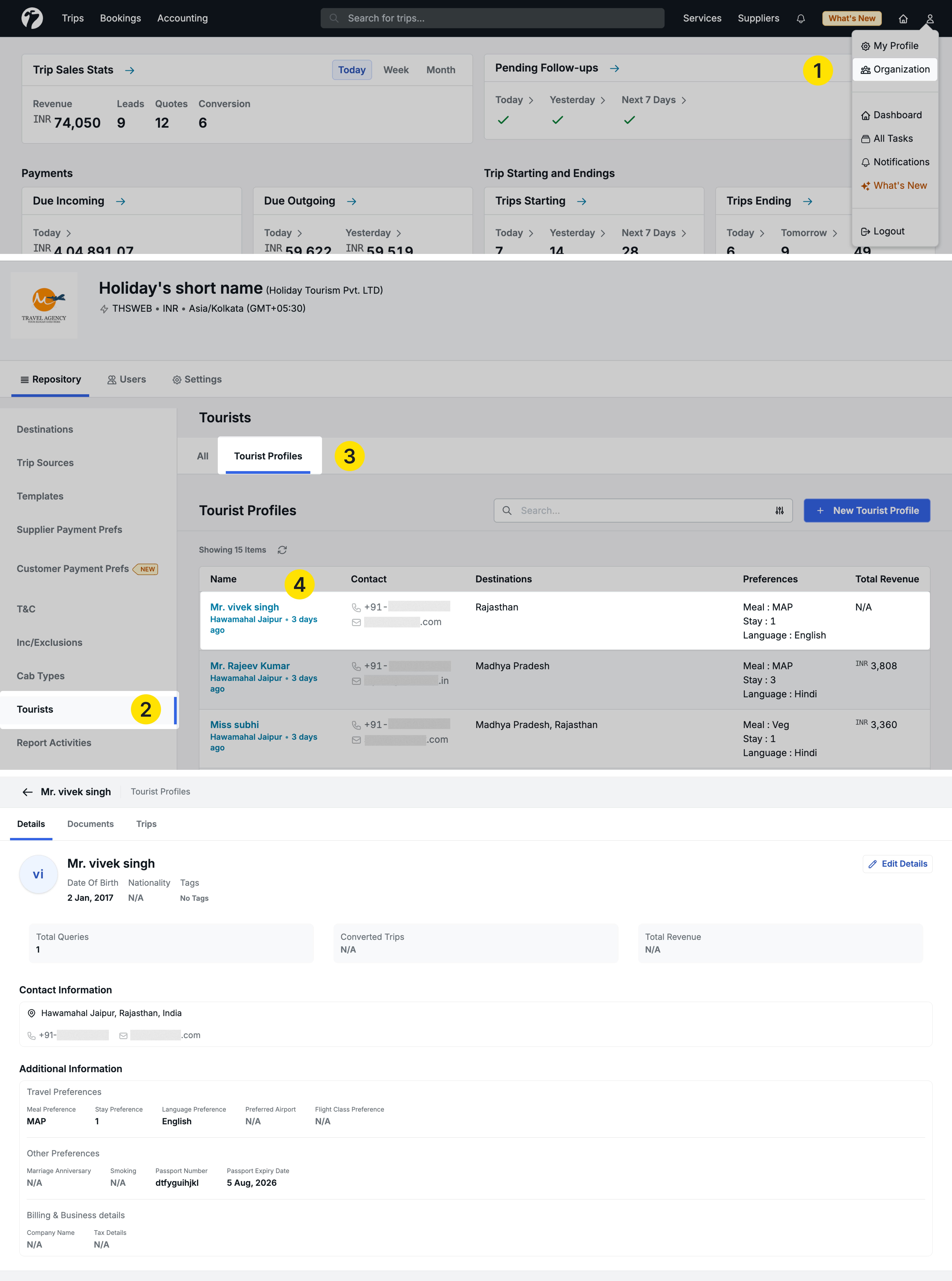 image showing the Tourist Profile page with preference fields, trip history, and document sections
