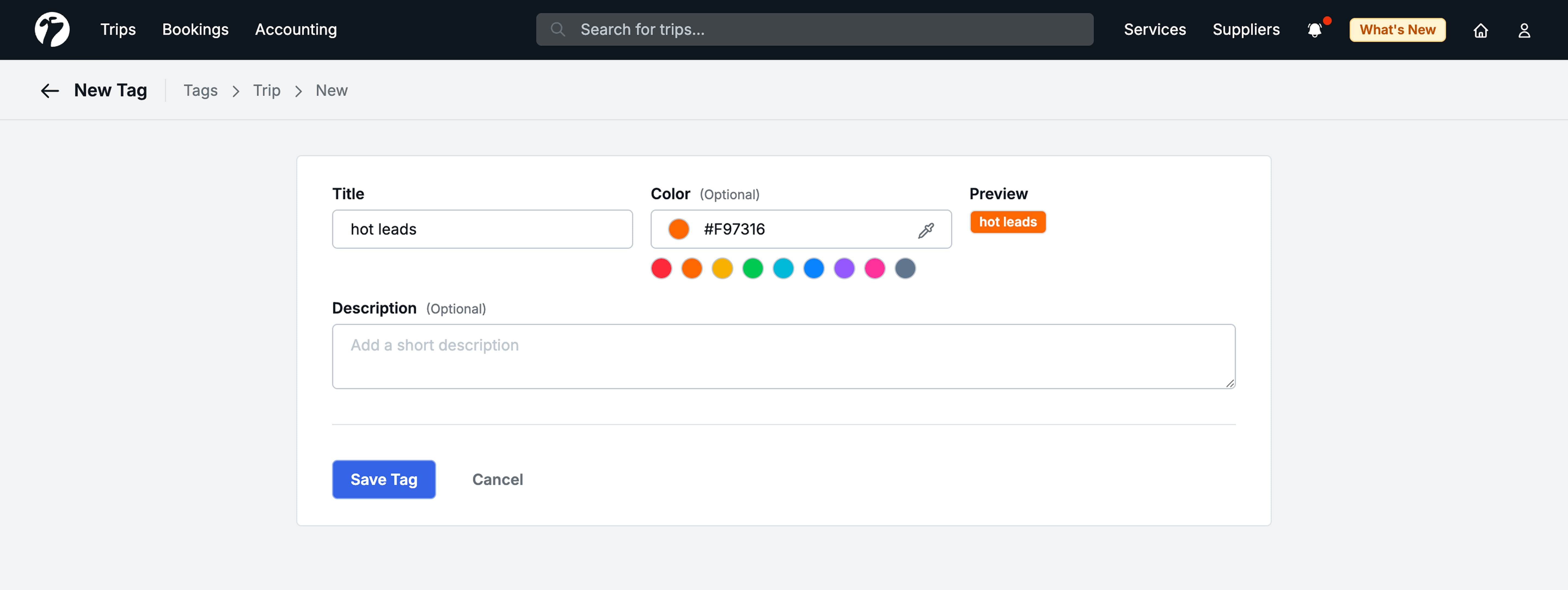 image showing the Create Tag form with Title, Colour, and Description fields