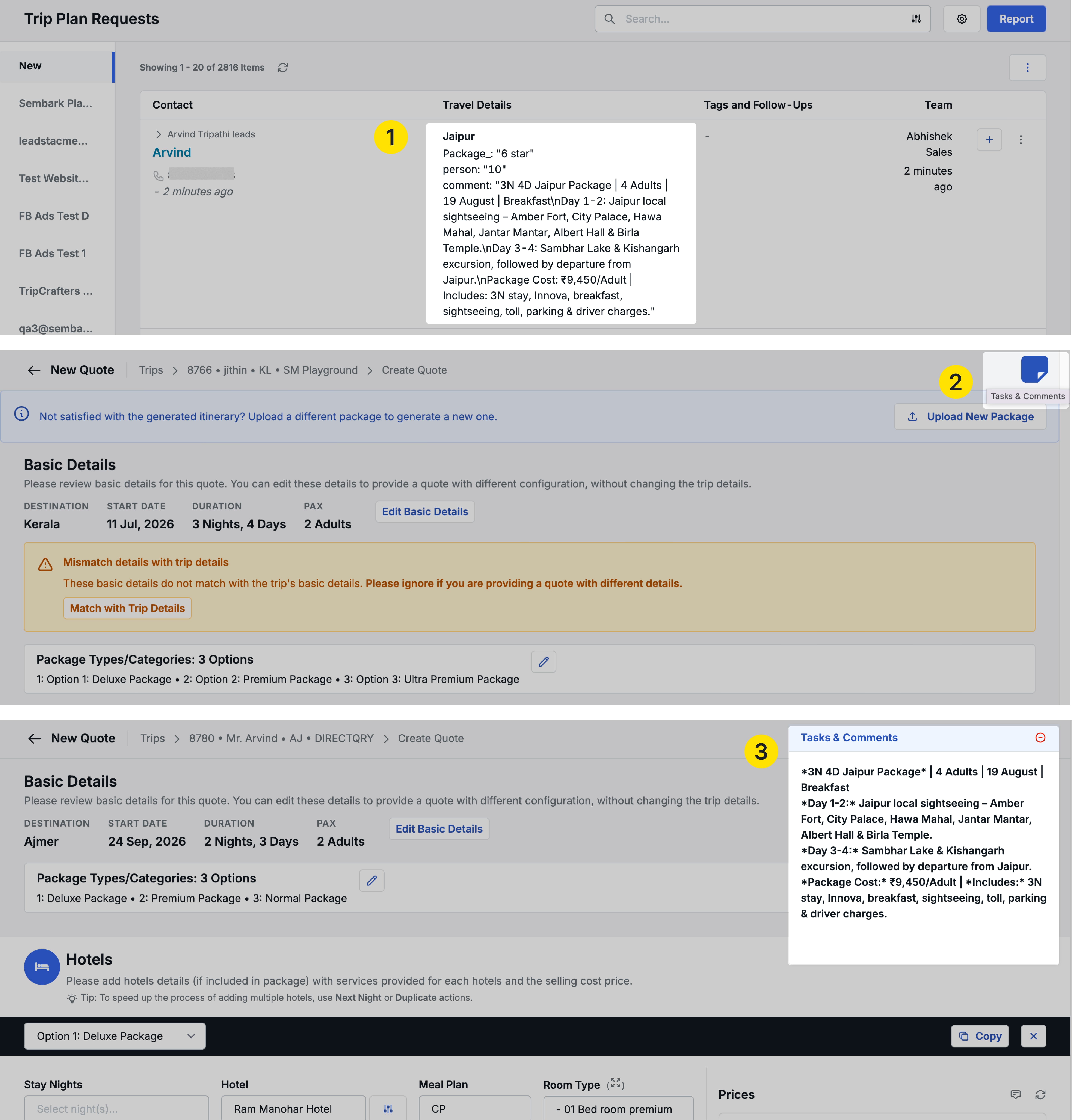 image showing the New Quotation page with the latest TPR or Trip comment visible in the upper-right corner
