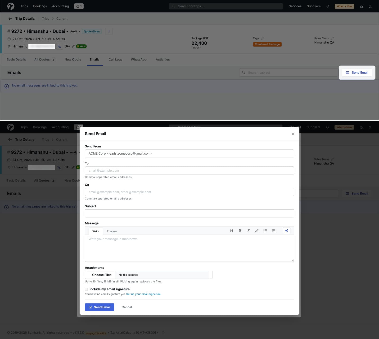 Image showing the email composition screen with the To field, CC field, and attachment option within the platform