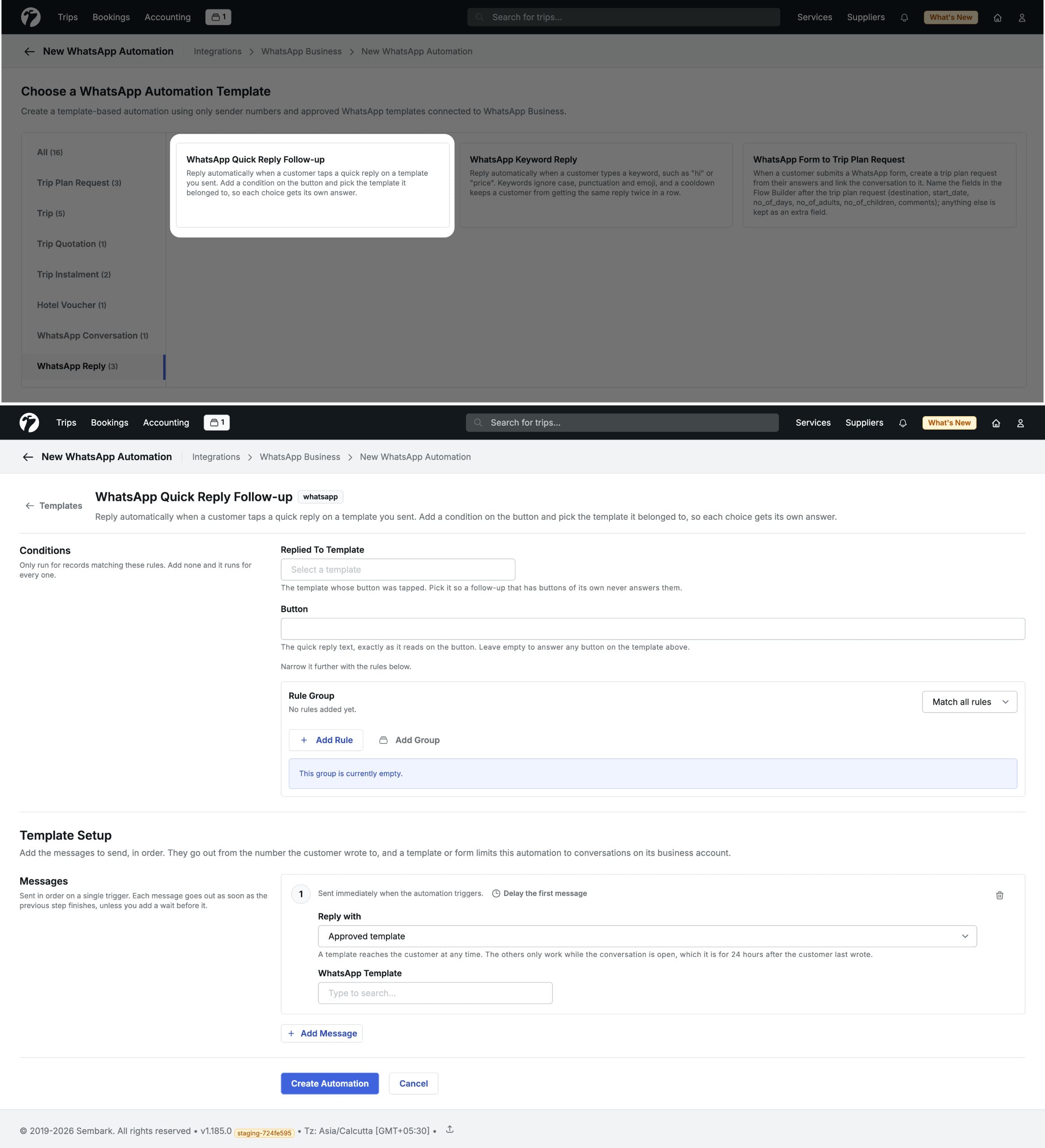 Image showing the quick reply button configuration screen
