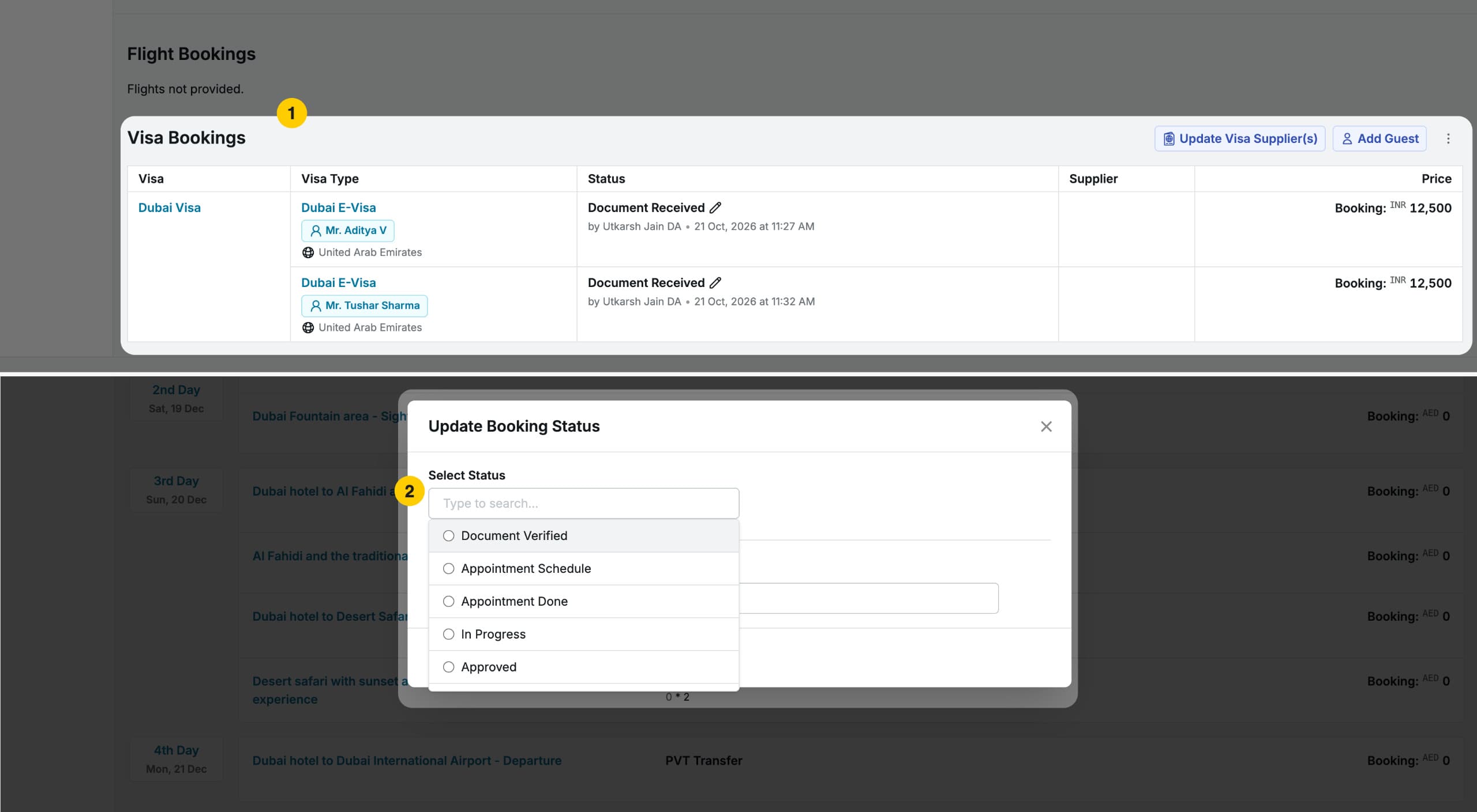 Image showing the Visa section on the Service Booking page with guest assignment and document status