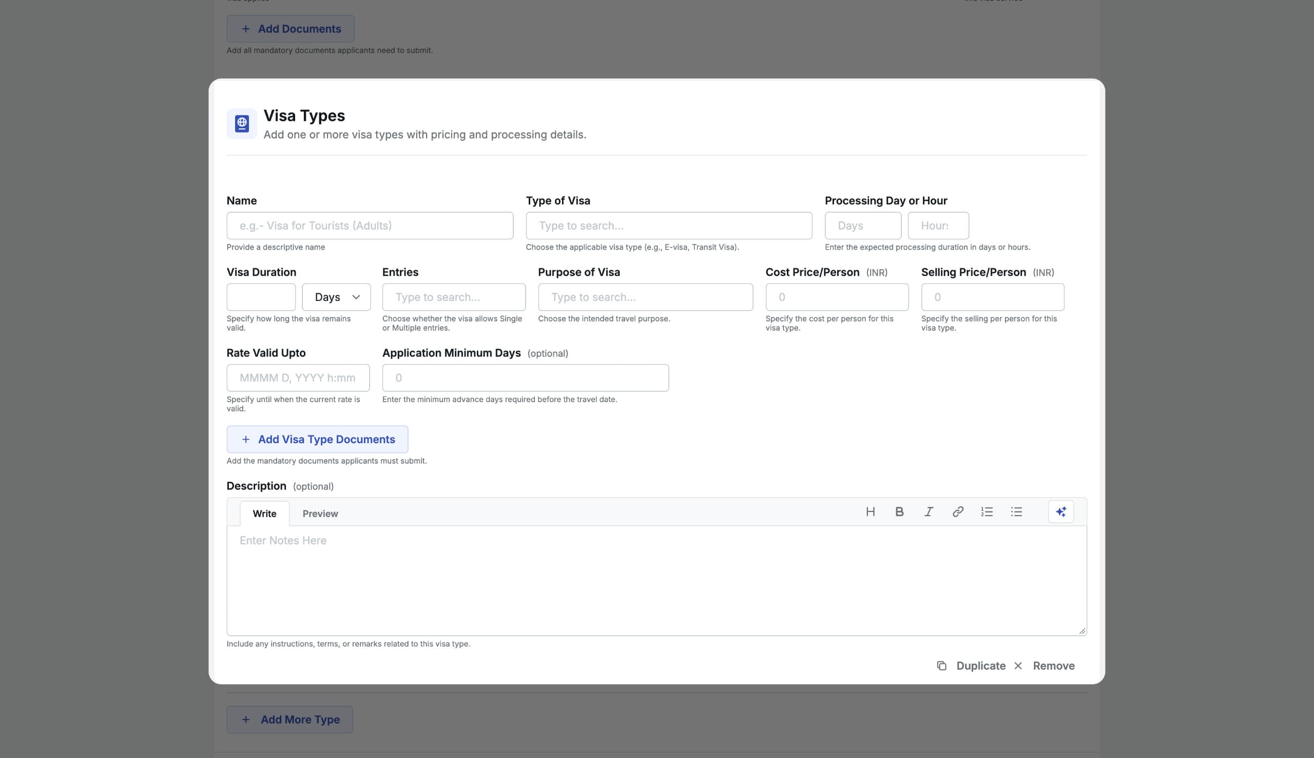 Image showing the Visa Type configuration form with pricing, processing time, and document fields