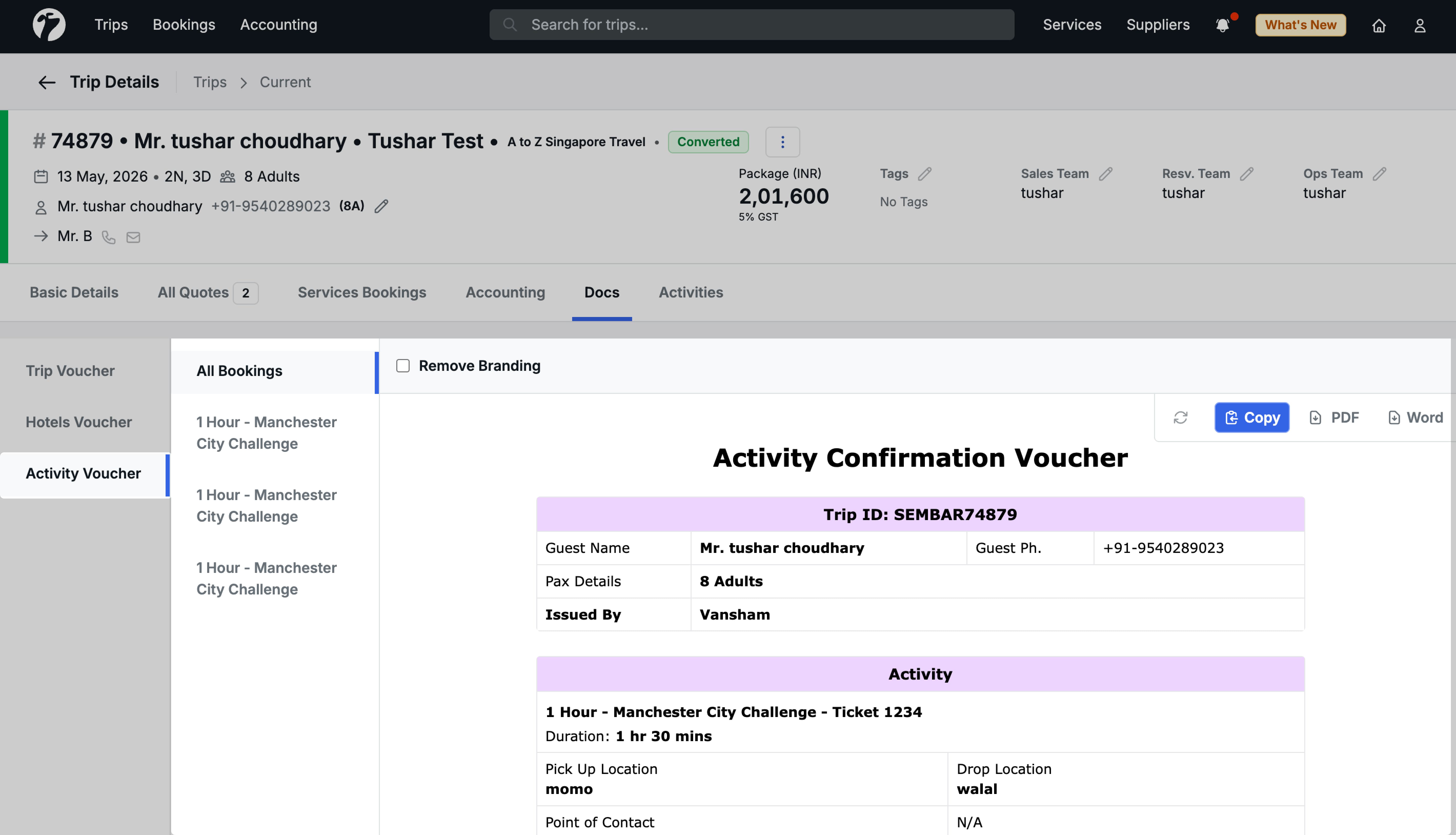 Image showing the activity voucher section on the Docs section