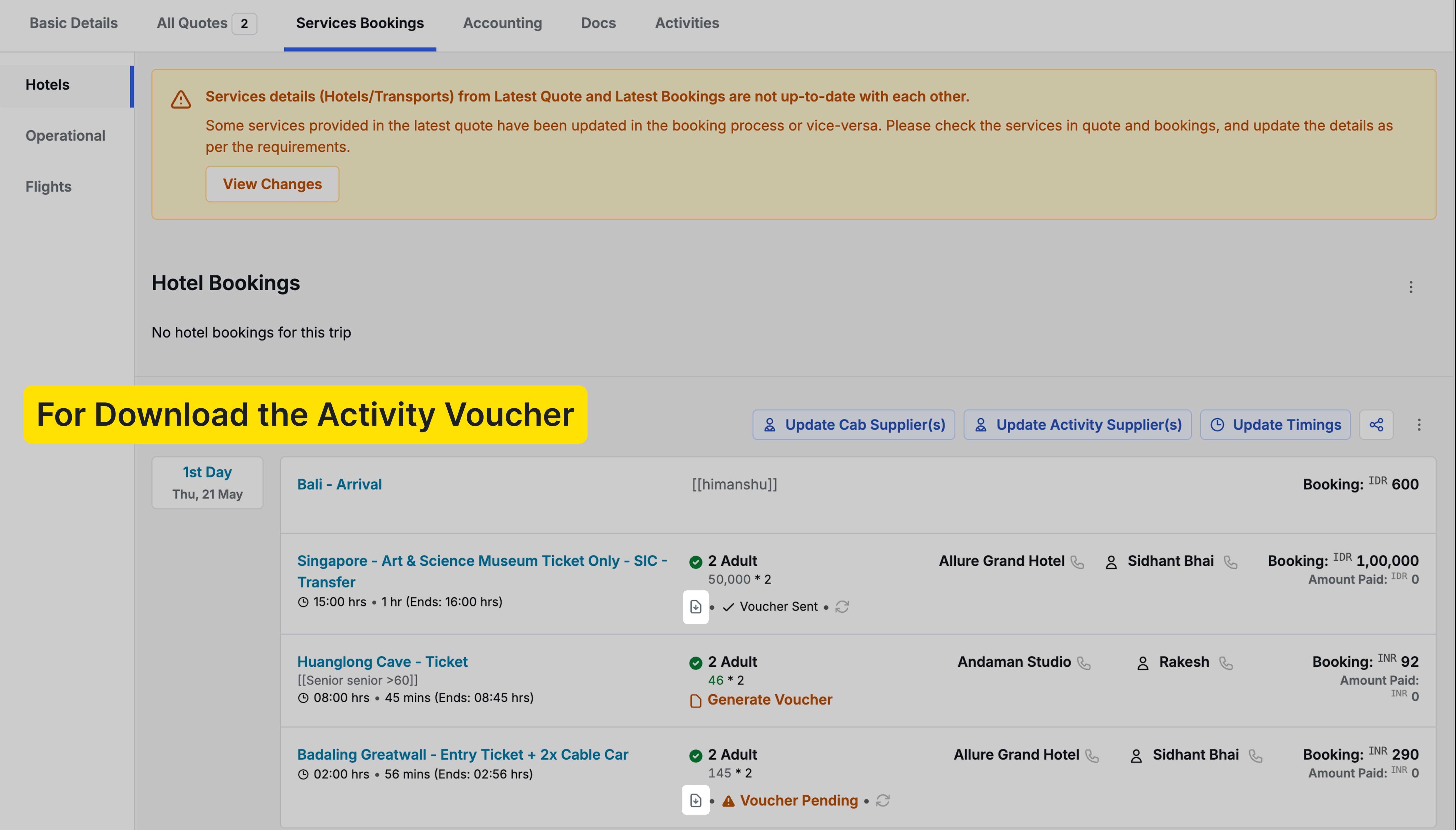 Image showing the generation options on the Service Booking screen