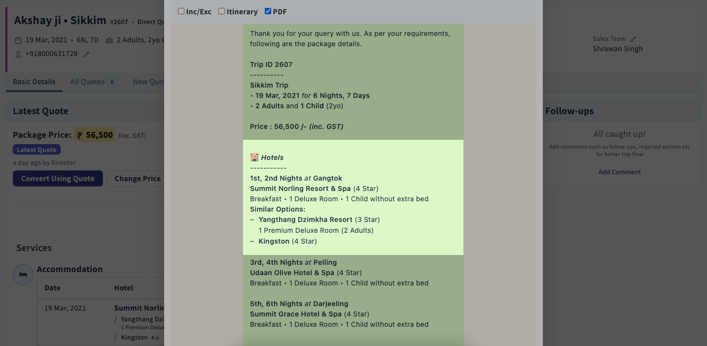 Image showing content of WhatsApp message containig hotel options