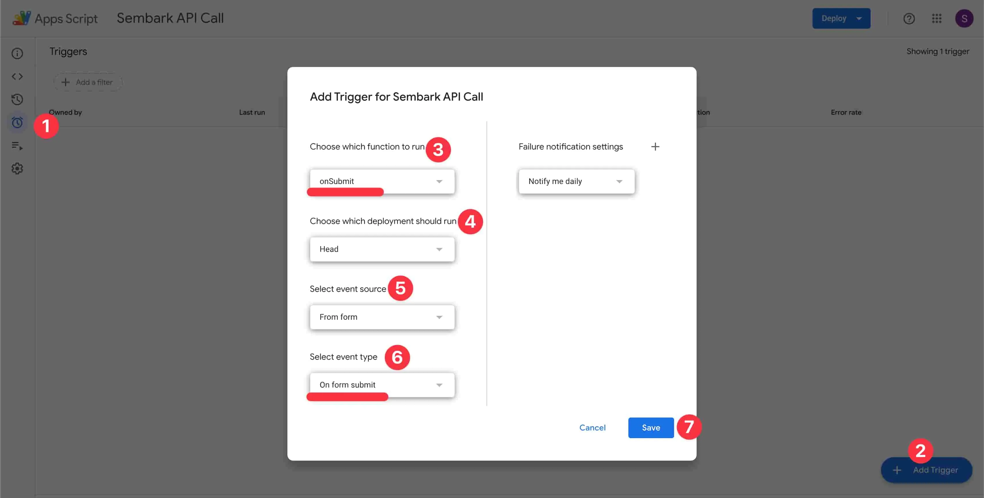 Image showing setup for Triggers in Google Apps Script