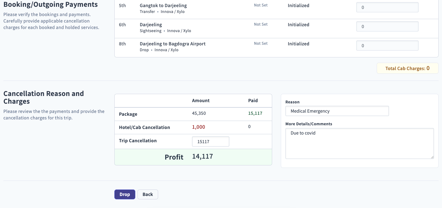 Image showing cancellation charges and reason for trip drop