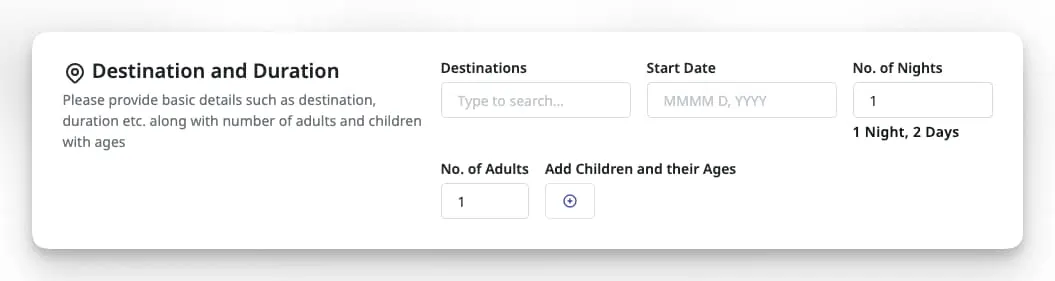 Image showing destinations and duration section on query form